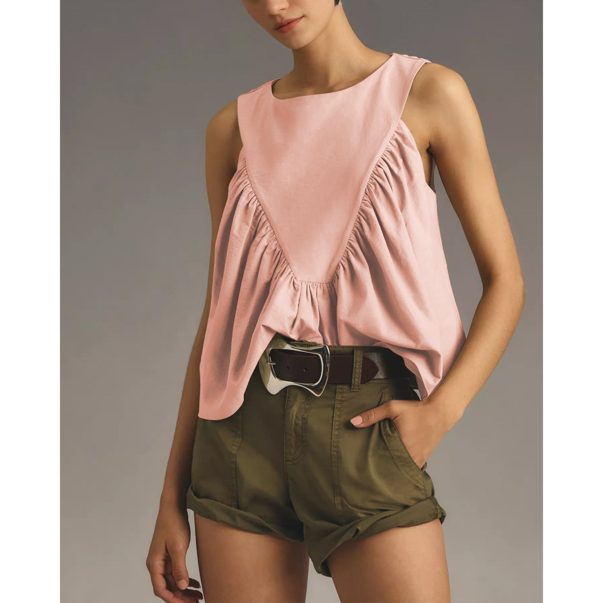 Shirred Swing Tank Tops for Women Fashion Flowy Sleeveless Shirts Casual Crew Neck Blouse Loose Fit Ruffled Tops