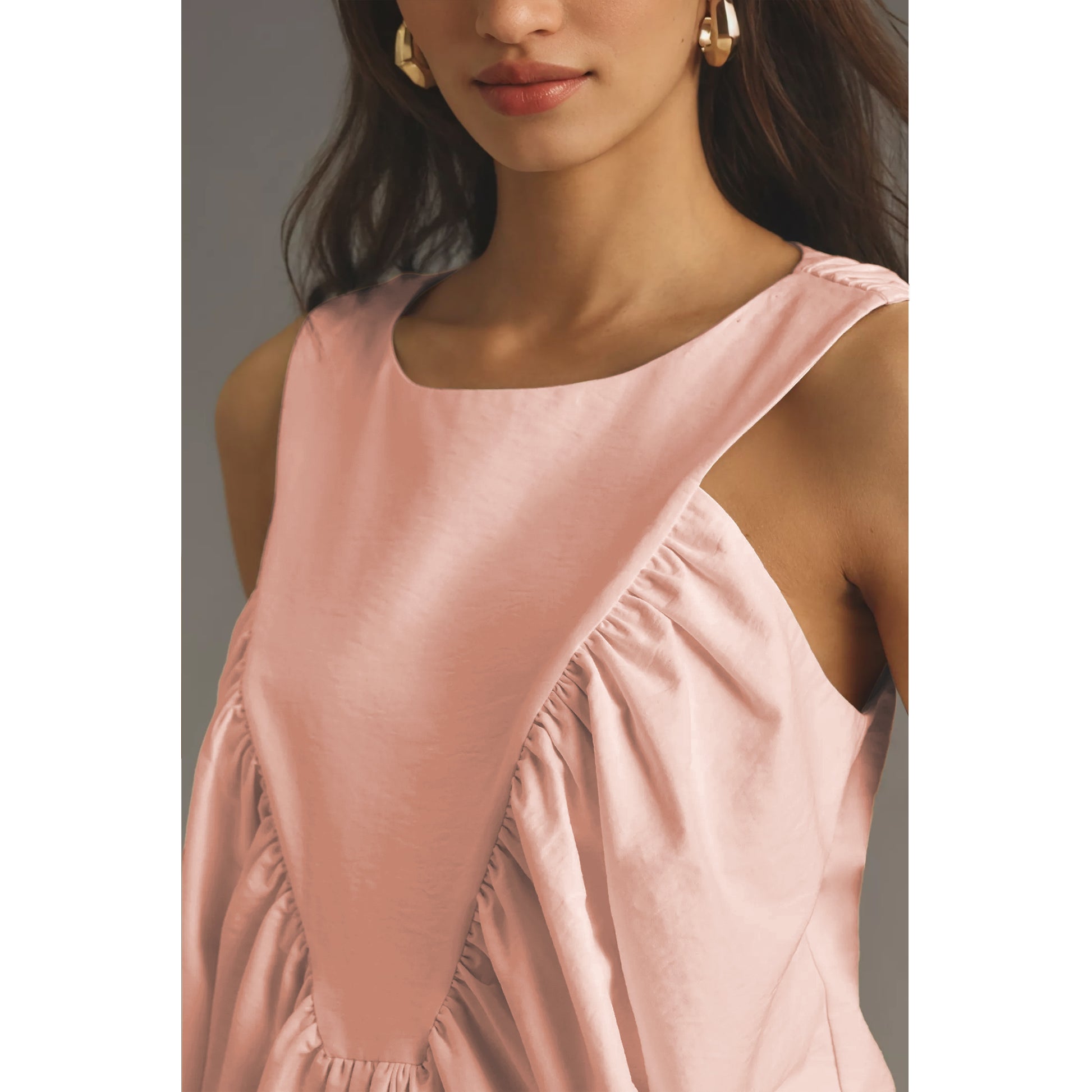 Shirred Swing Tank Tops for Women Fashion Flowy Sleeveless Shirts Casual Crew Neck Blouse Loose Fit Ruffled Tops