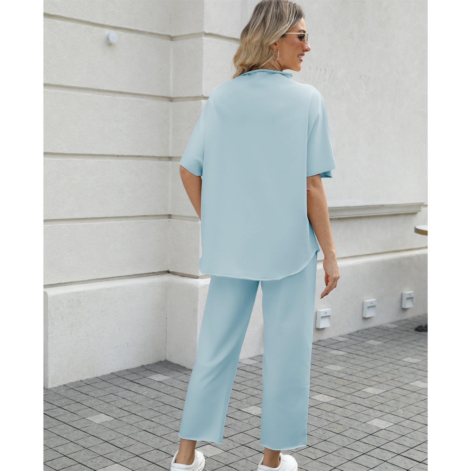 Women's Two Piece Outfits 3/4 Batwing Sleeve Capelet Crew Neck Pullover Top Wide Leg Pants Lounge Set