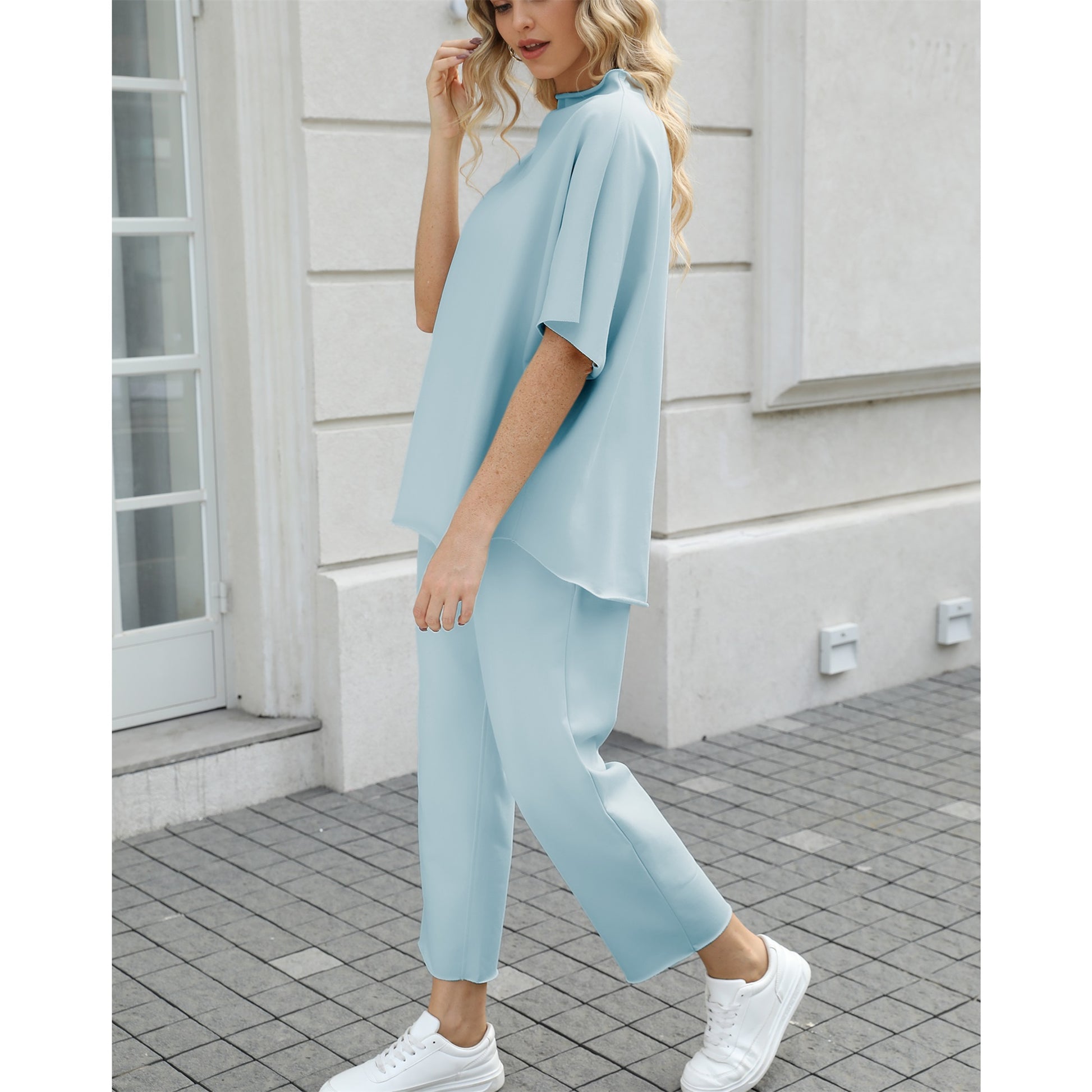Women's Two Piece Outfits 3/4 Batwing Sleeve Capelet Crew Neck Pullover Top Wide Leg Pants Lounge Set