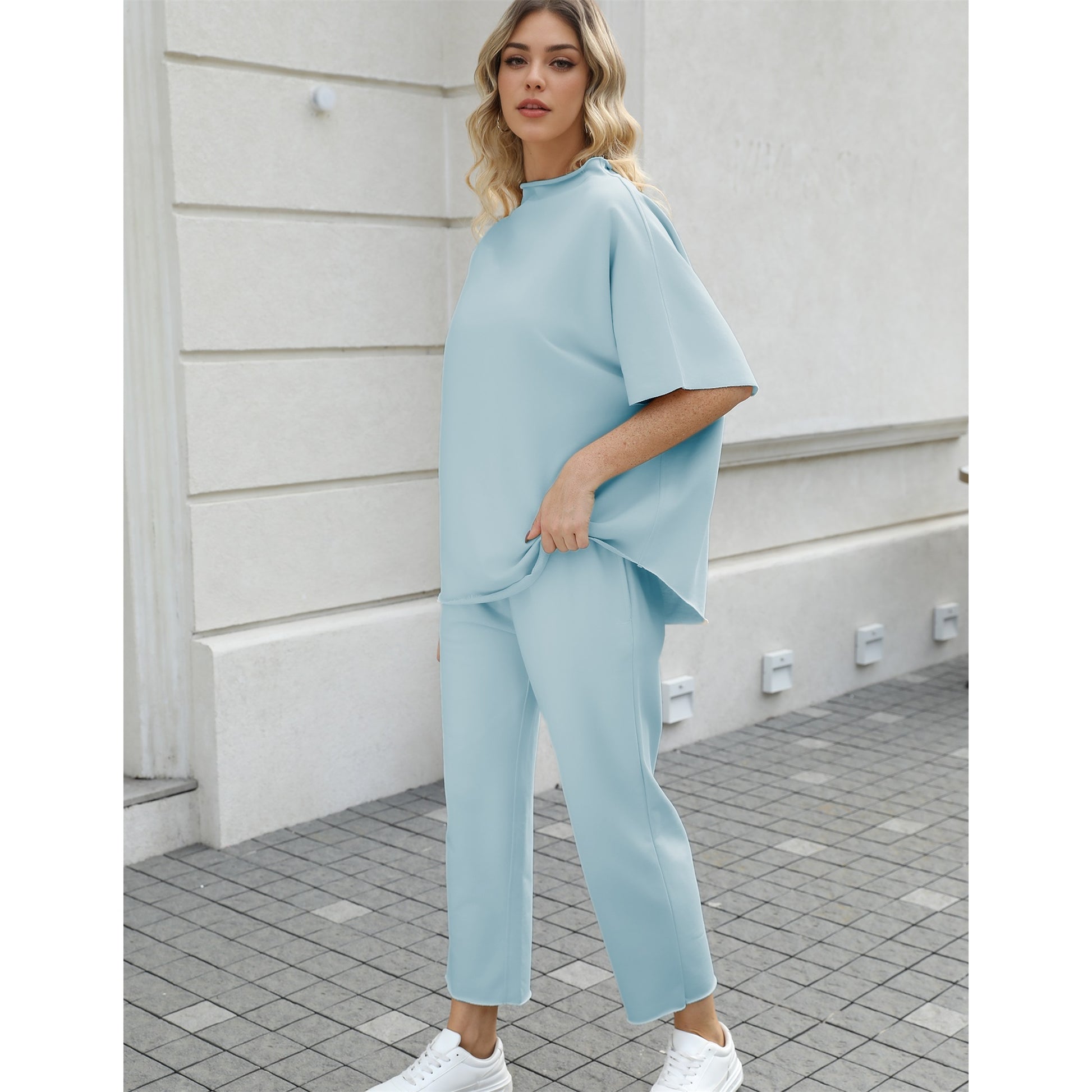 Women's Two Piece Outfits 3/4 Batwing Sleeve Capelet Crew Neck Pullover Top Wide Leg Pants Lounge Set