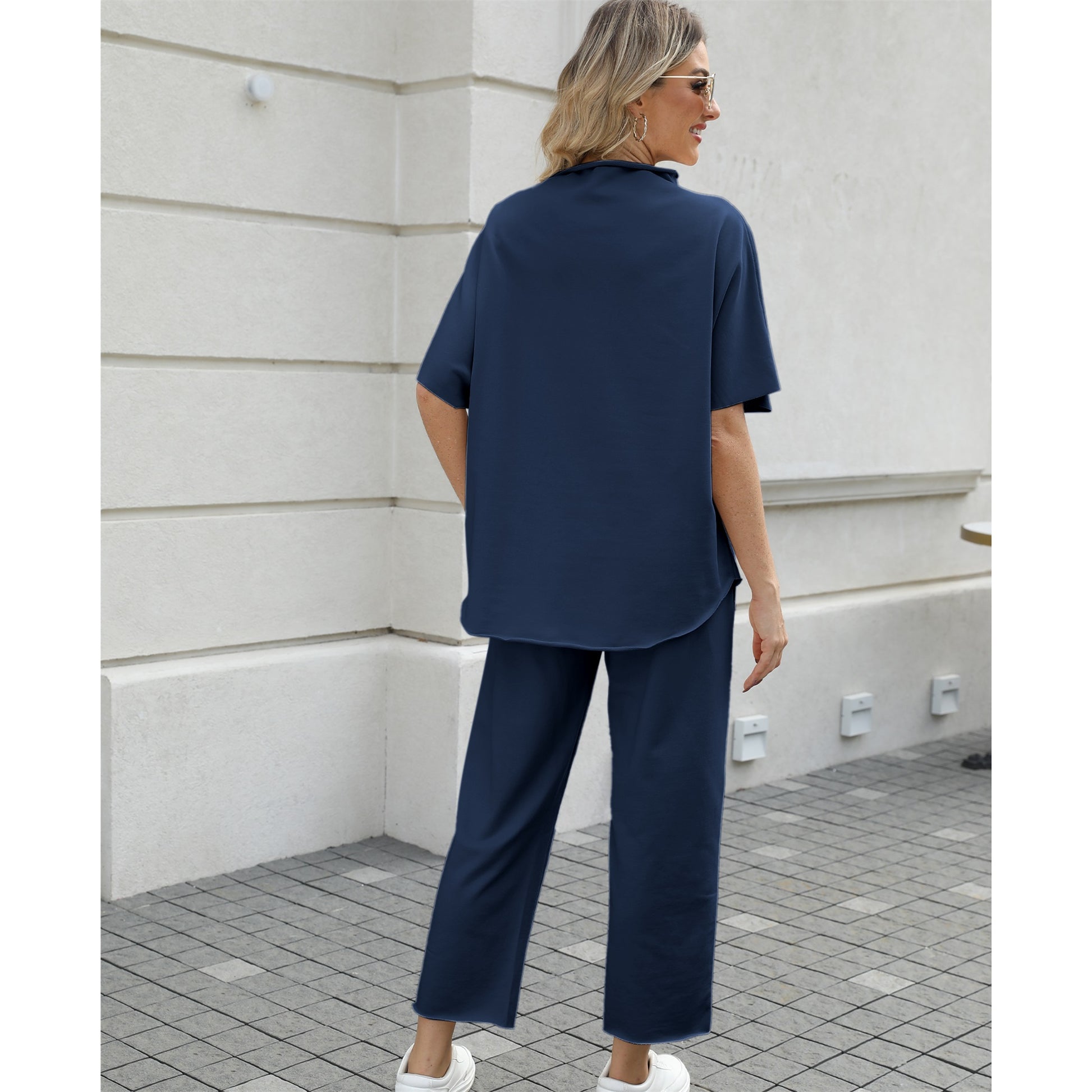 Women's Two Piece Outfits 3/4 Batwing Sleeve Capelet Crew Neck Pullover Top Wide Leg Pants Lounge Set