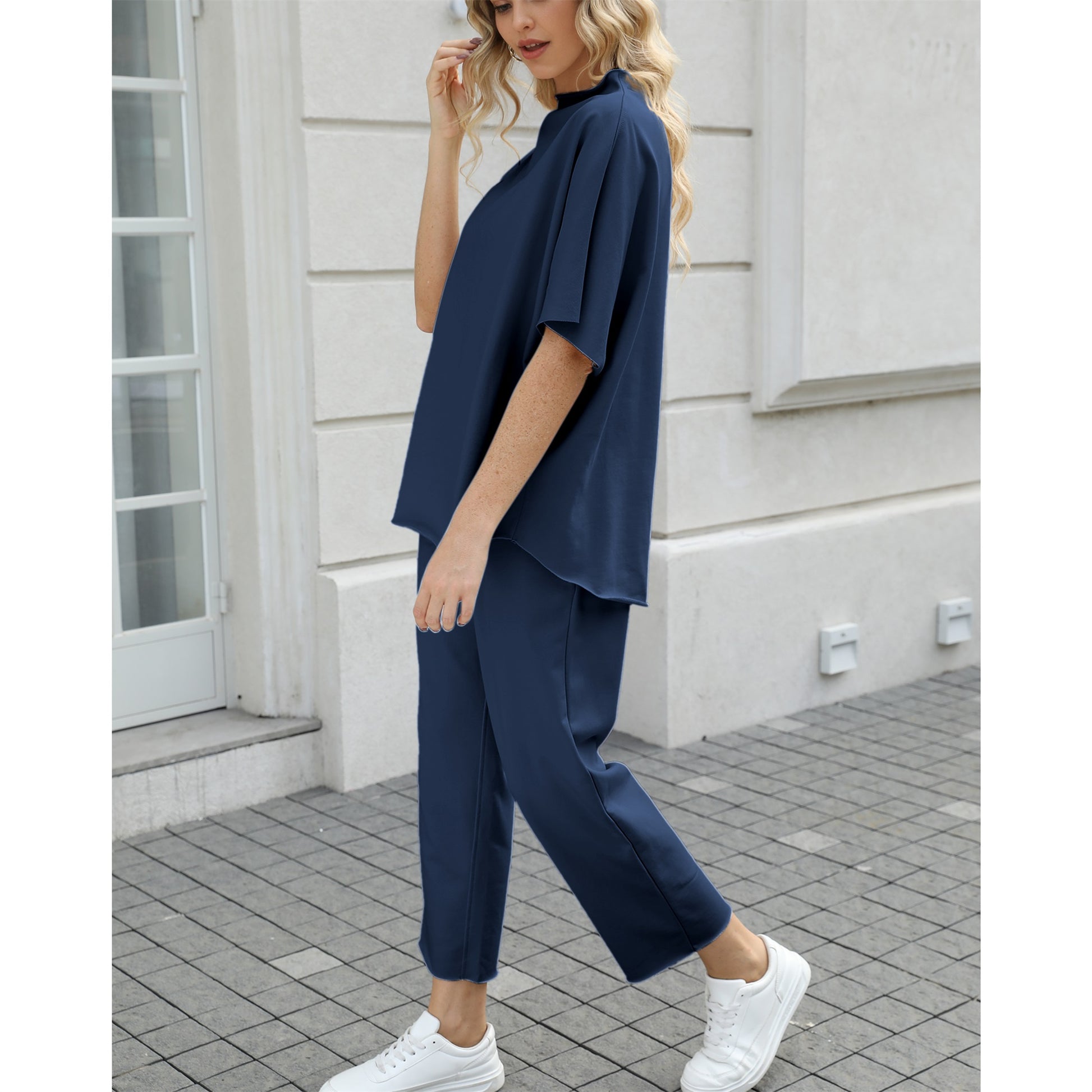 Women's Two Piece Outfits 3/4 Batwing Sleeve Capelet Crew Neck Pullover Top Wide Leg Pants Lounge Set