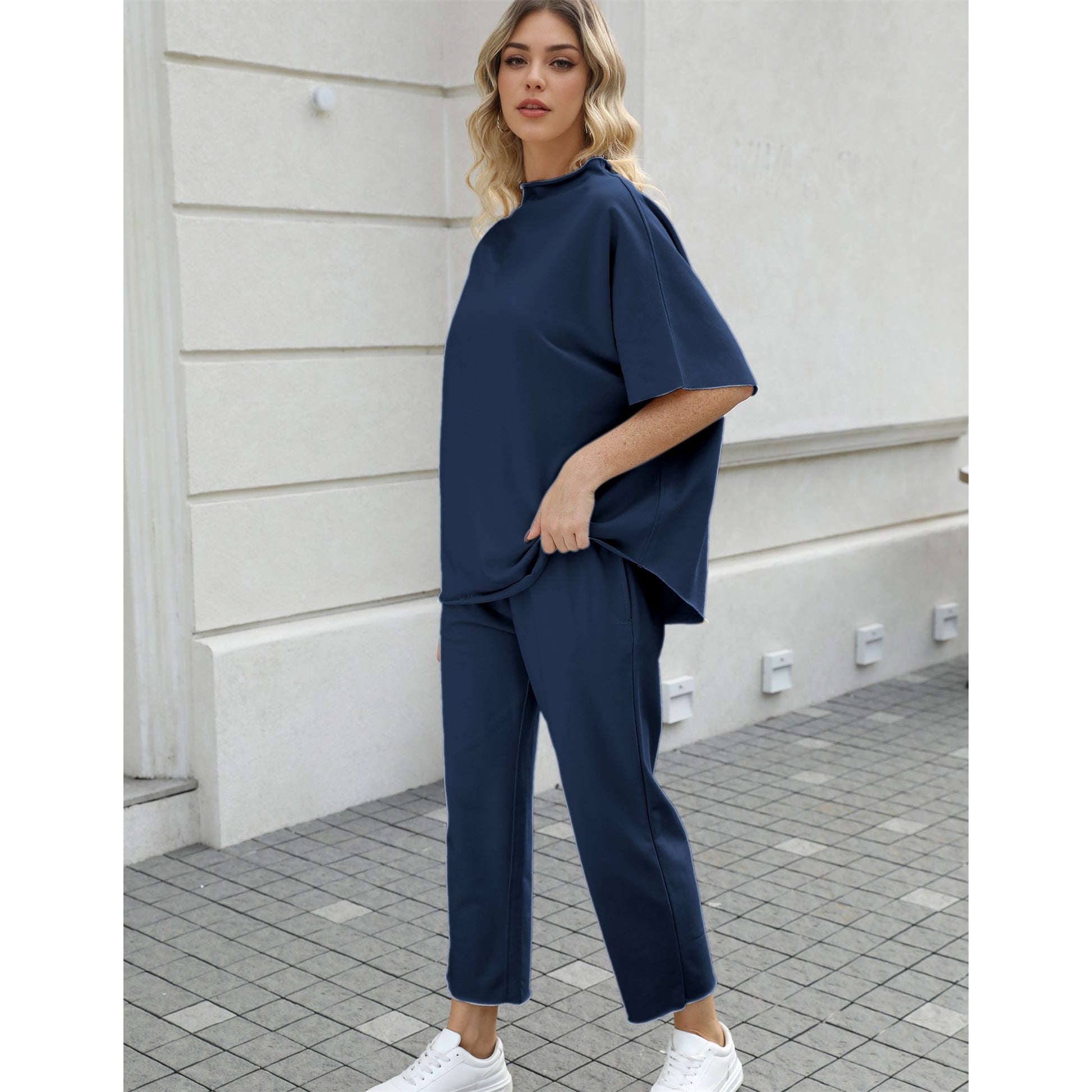 Women's Two Piece Outfits 3/4 Batwing Sleeve Capelet Crew Neck Pullover Top Wide Leg Pants Lounge Set