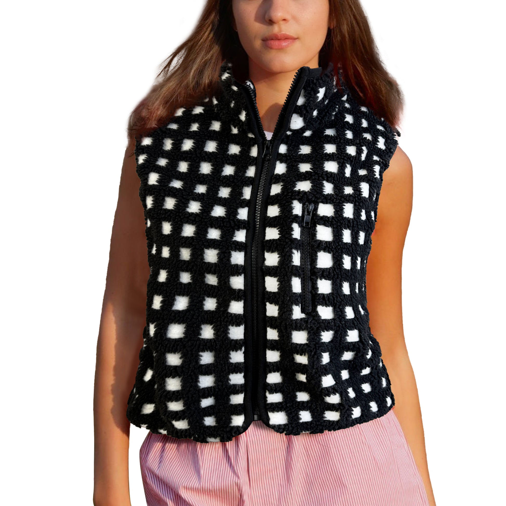 Womens Checkered Sherpa Vest Sleeveless Winter Fleece Jacket High Neck Zip Up Plaid Gilet with Chest Pocket