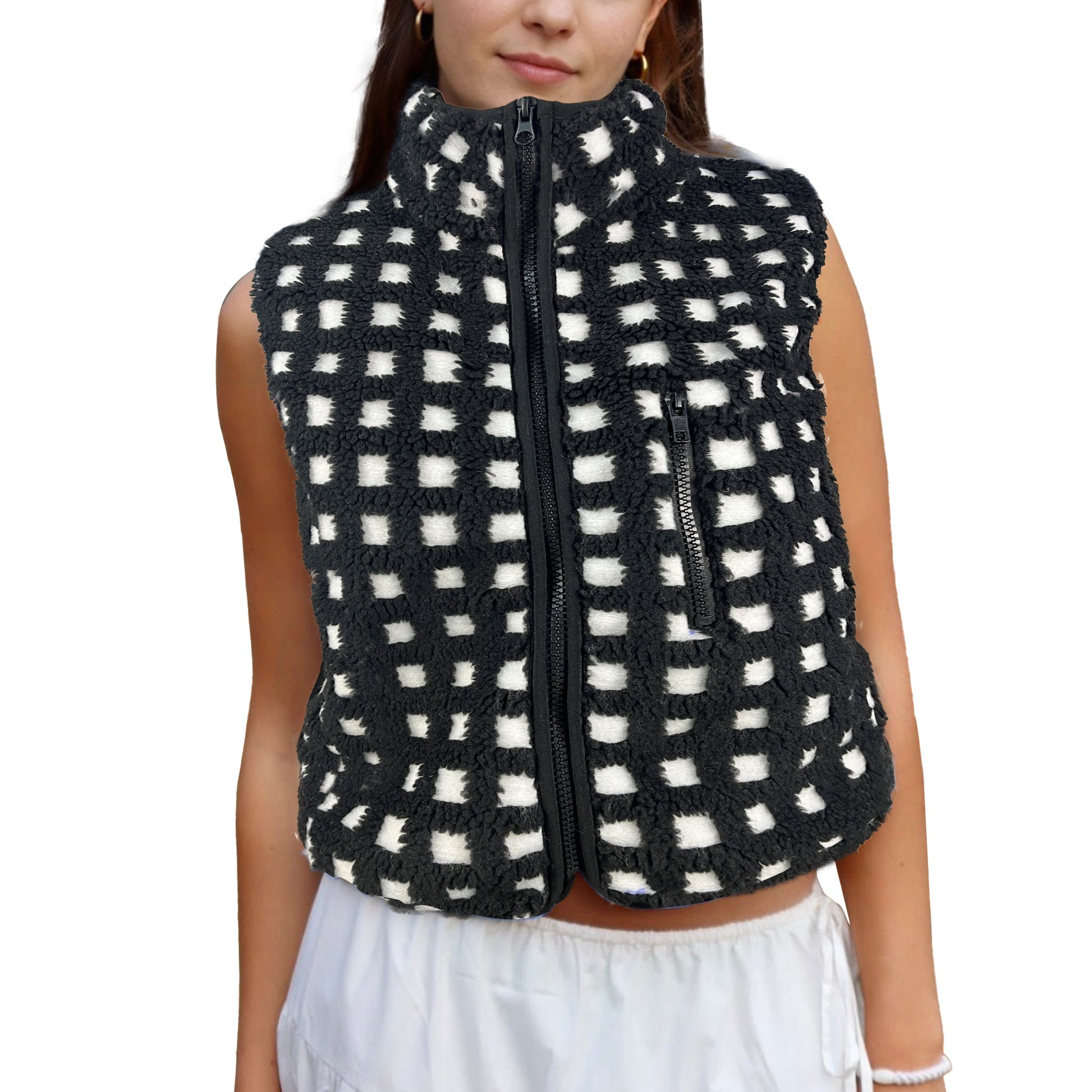 Womens Checkered Sherpa Vest Sleeveless Winter Fleece Jacket High Neck Zip Up Plaid Gilet with Chest Pocket