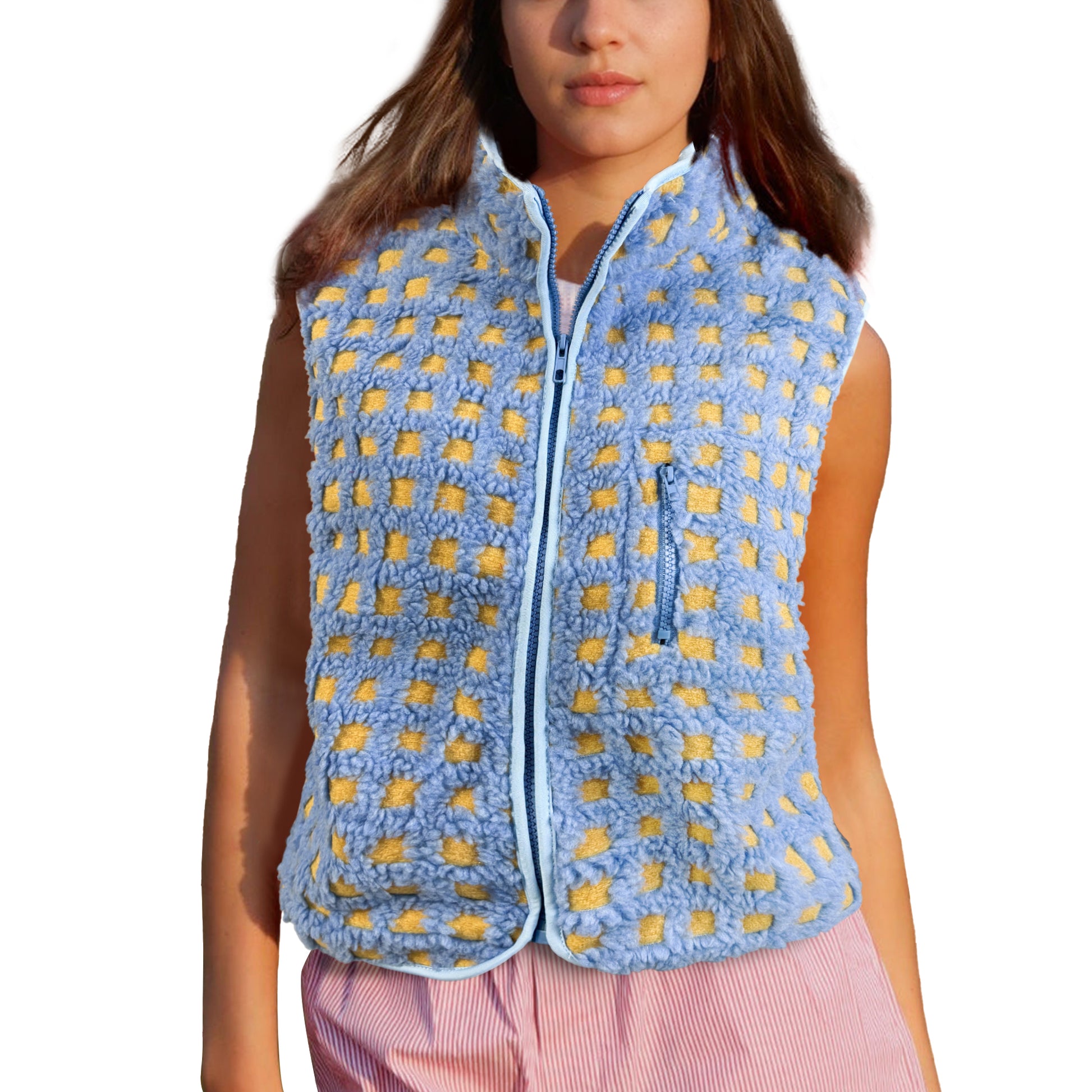 Womens Checkered Sherpa Vest Sleeveless Winter Fleece Jacket High Neck Zip Up Plaid Gilet with Chest Pocket