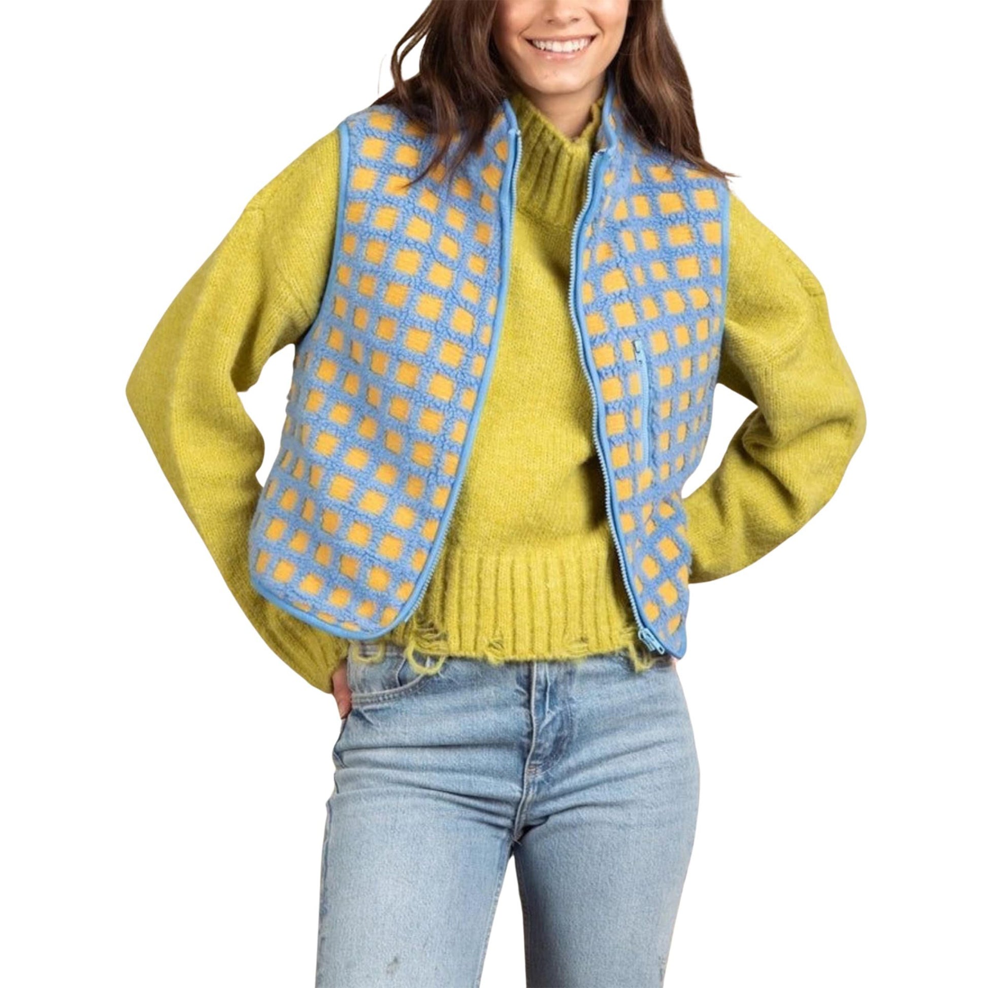 Womens Checkered Sherpa Vest Sleeveless Winter Fleece Jacket High Neck Zip Up Plaid Gilet with Chest Pocket
