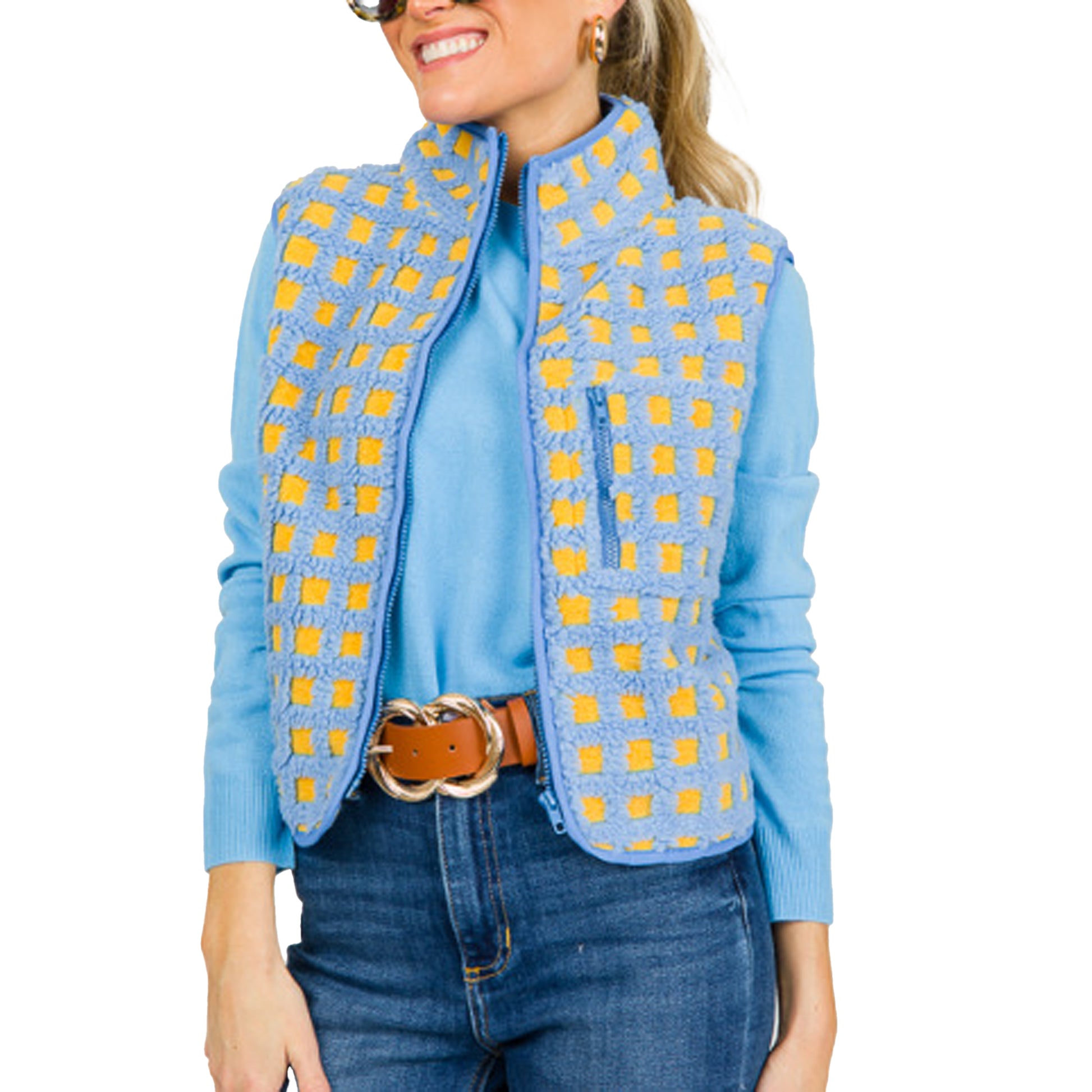 Womens Checkered Sherpa Vest Sleeveless Winter Fleece Jacket High Neck Zip Up Plaid Gilet with Chest Pocket