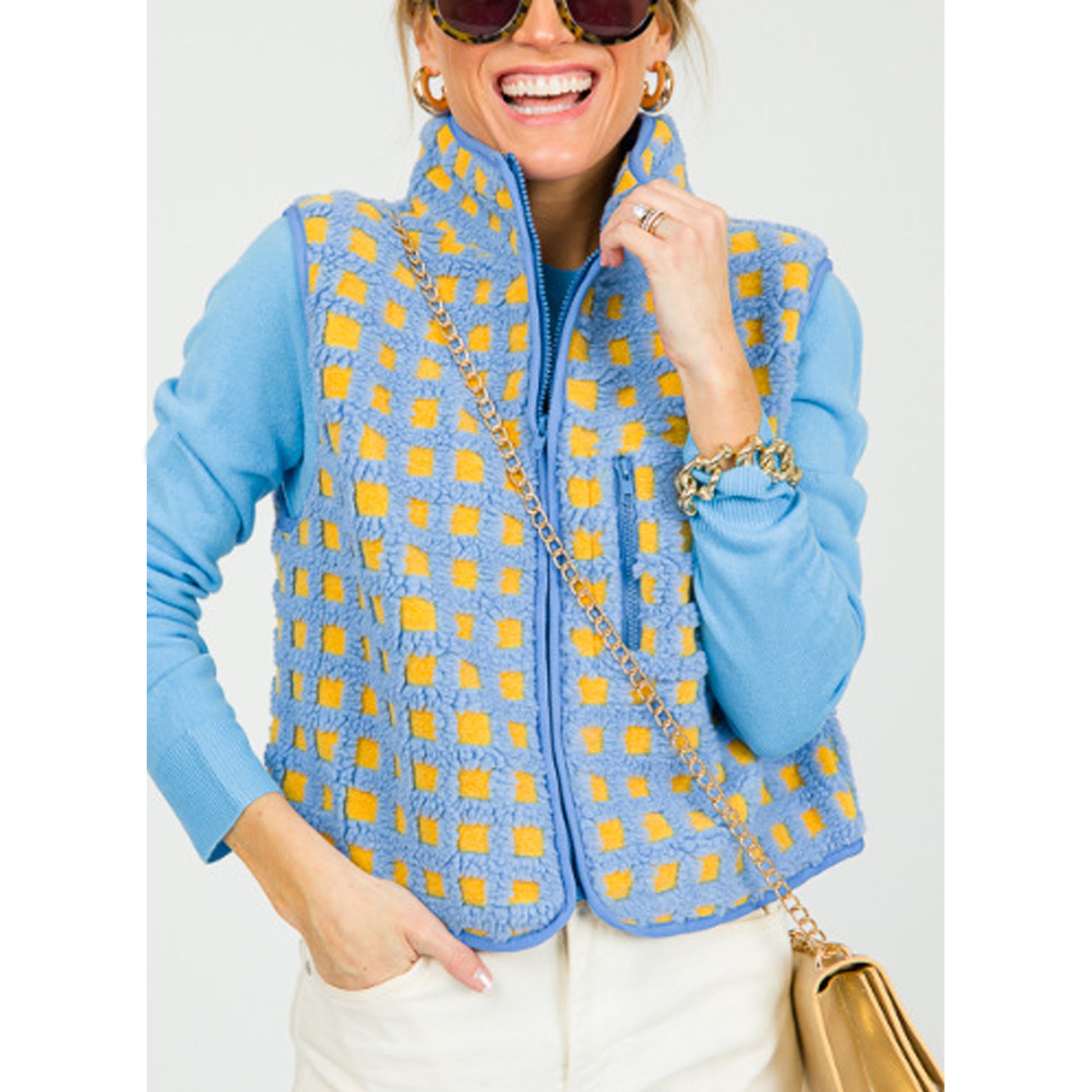 Womens Checkered Sherpa Vest Sleeveless Winter Fleece Jacket High Neck Zip Up Plaid Gilet with Chest Pocket