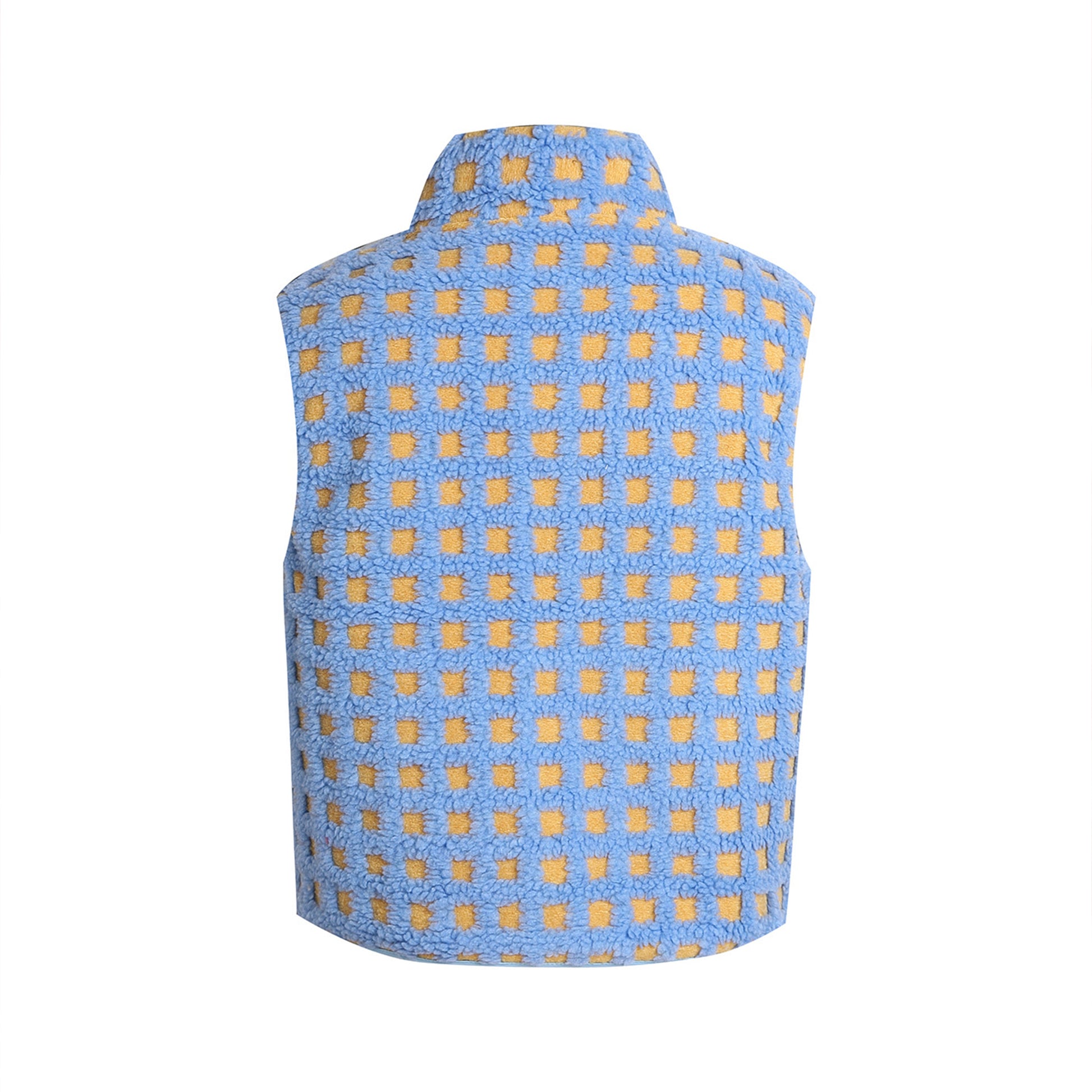 Womens Checkered Sherpa Vest Sleeveless Winter Fleece Jacket High Neck Zip Up Plaid Gilet with Chest Pocket