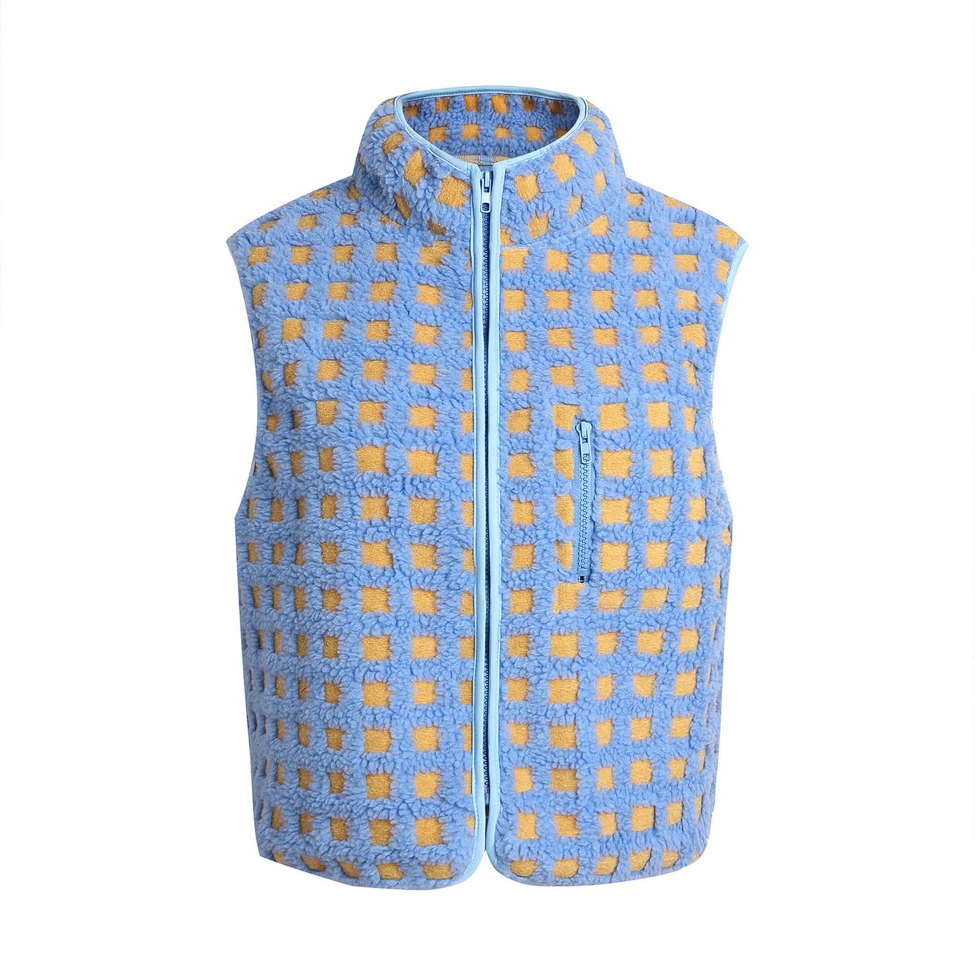 Womens Checkered Sherpa Vest Sleeveless Winter Fleece Jacket High Neck Zip Up Plaid Gilet with Chest Pocket