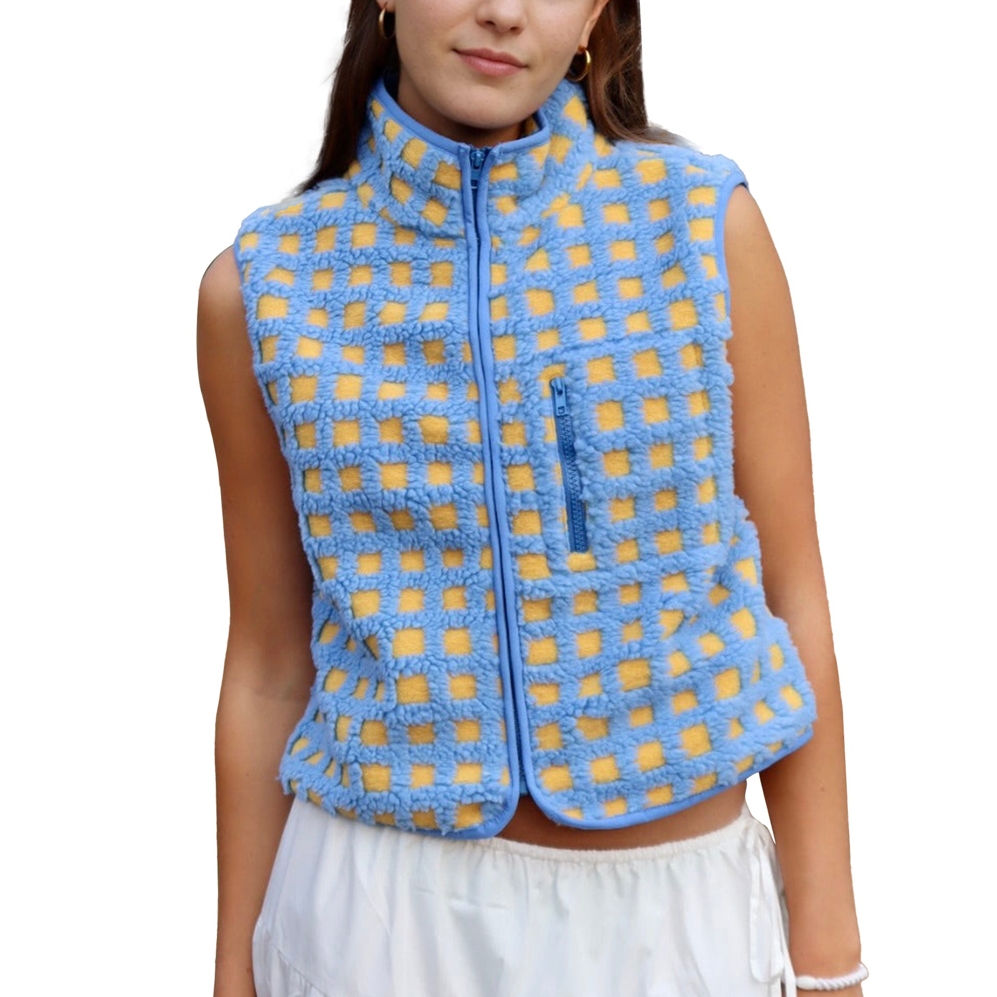 Womens Checkered Sherpa Vest Sleeveless Winter Fleece Jacket High Neck Zip Up Plaid Gilet with Chest Pocket