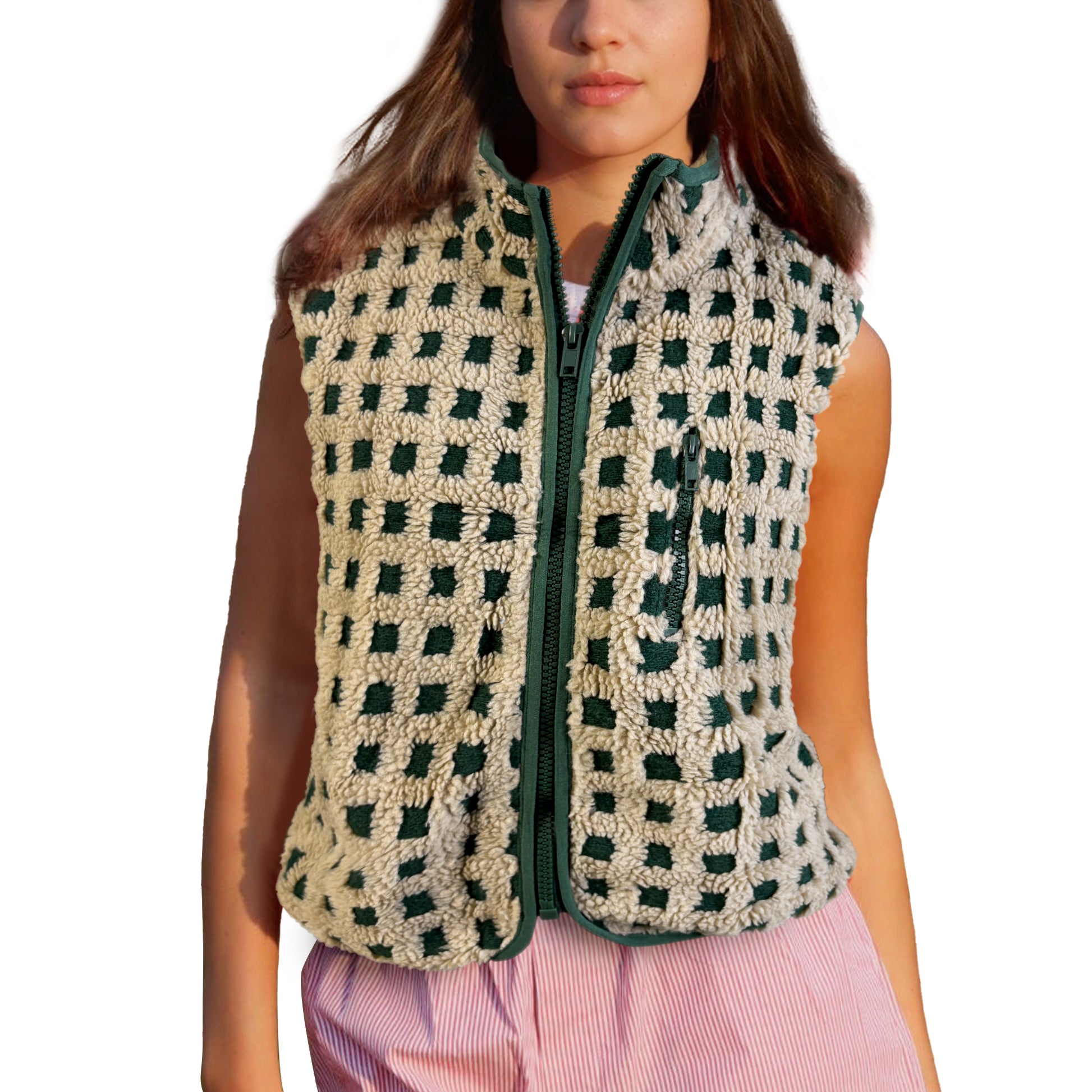 Womens Checkered Sherpa Vest Sleeveless Winter Fleece Jacket High Neck Zip Up Plaid Gilet with Chest Pocket