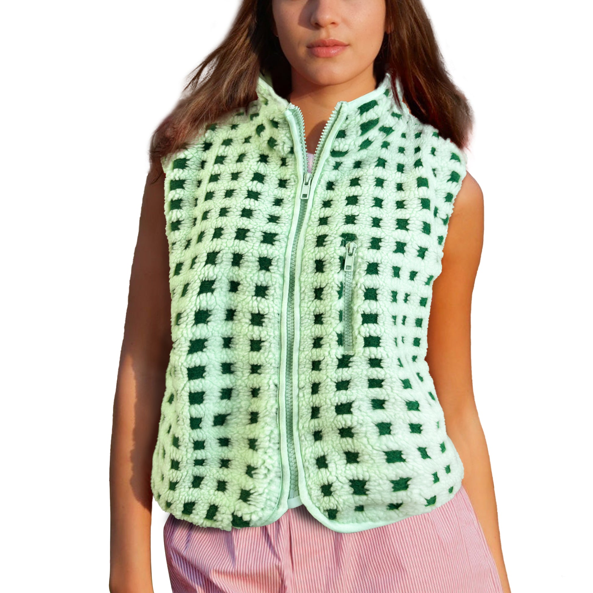 Womens Checkered Sherpa Vest Sleeveless Winter Fleece Jacket High Neck Zip Up Plaid Gilet with Chest Pocket