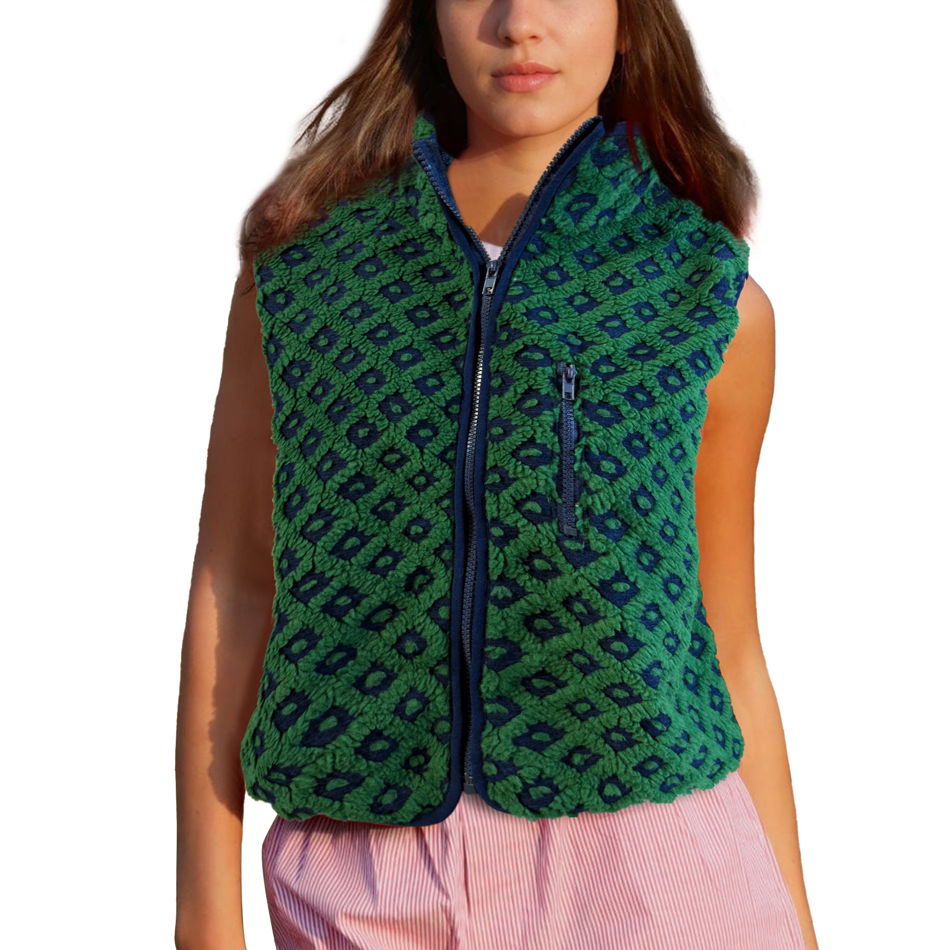 Womens Checkered Sherpa Vest Sleeveless Winter Fleece Jacket High Neck Zip Up Plaid Gilet with Chest Pocket