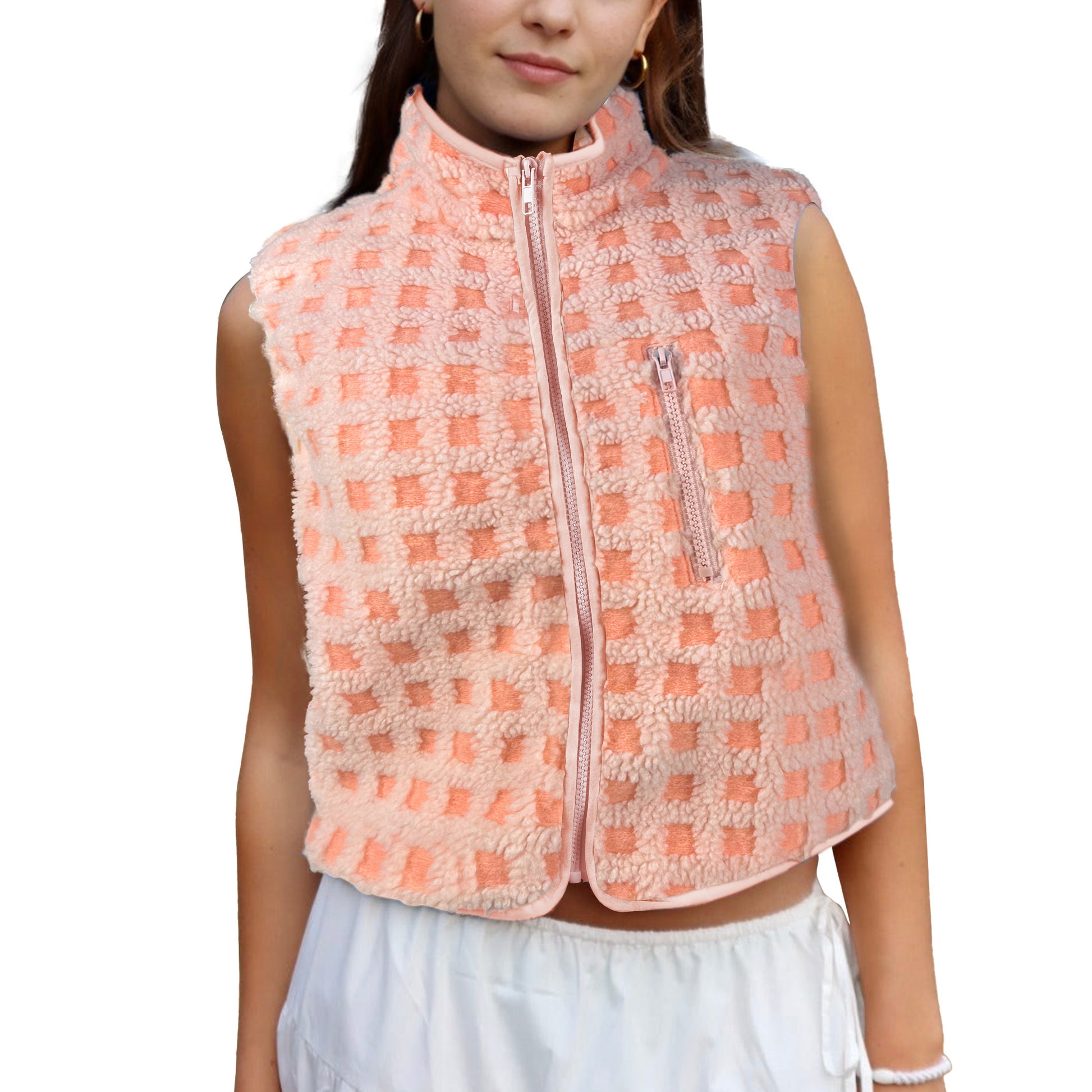 Womens Checkered Sherpa Vest Sleeveless Winter Fleece Jacket High Neck Zip Up Plaid Gilet with Chest Pocket