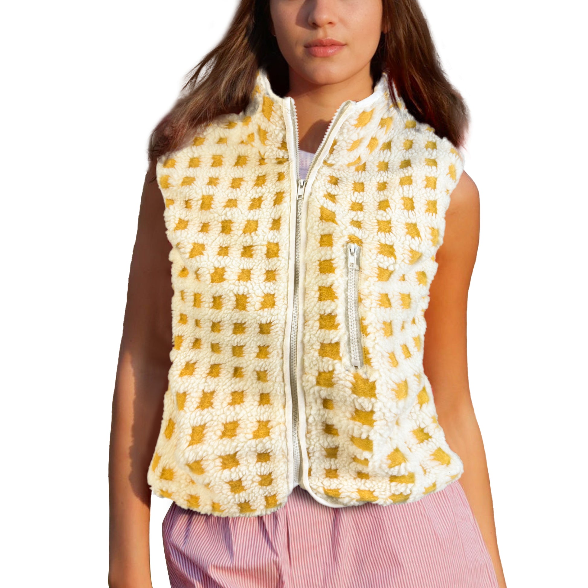 Womens Checkered Sherpa Vest Sleeveless Winter Fleece Jacket High Neck Zip Up Plaid Gilet with Chest Pocket