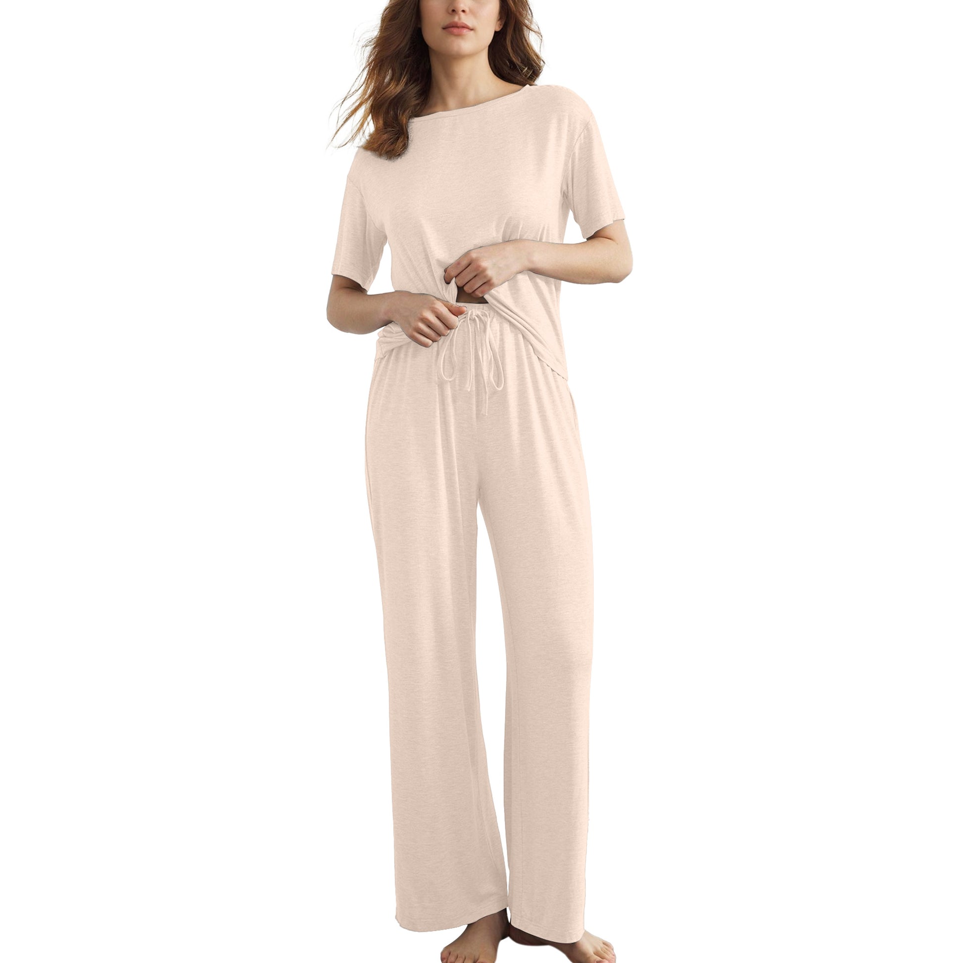 Slouchy Pajamas for Women Set Short Sleeve Tops Wide Leg Pants Comfy Two Piece Sets Loungewear Sleepwear