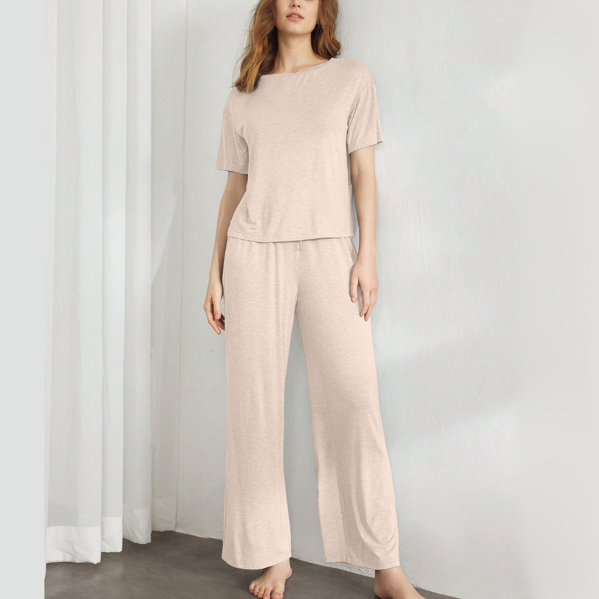 Slouchy Pajamas for Women Set Short Sleeve Tops Wide Leg Pants Comfy Two Piece Sets Loungewear Sleepwear