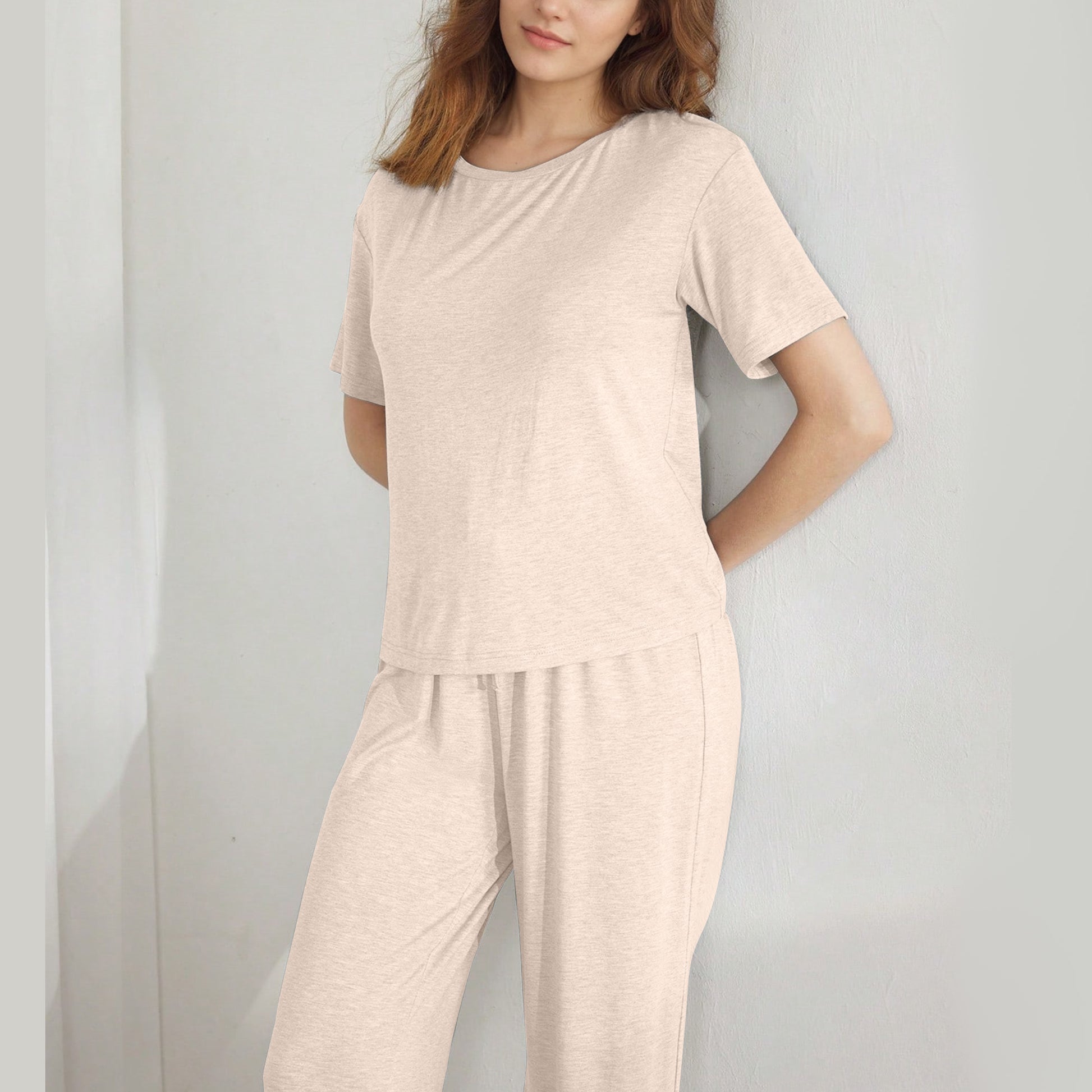 Slouchy Pajamas for Women Set Short Sleeve Tops Wide Leg Pants Comfy Two Piece Sets Loungewear Sleepwear