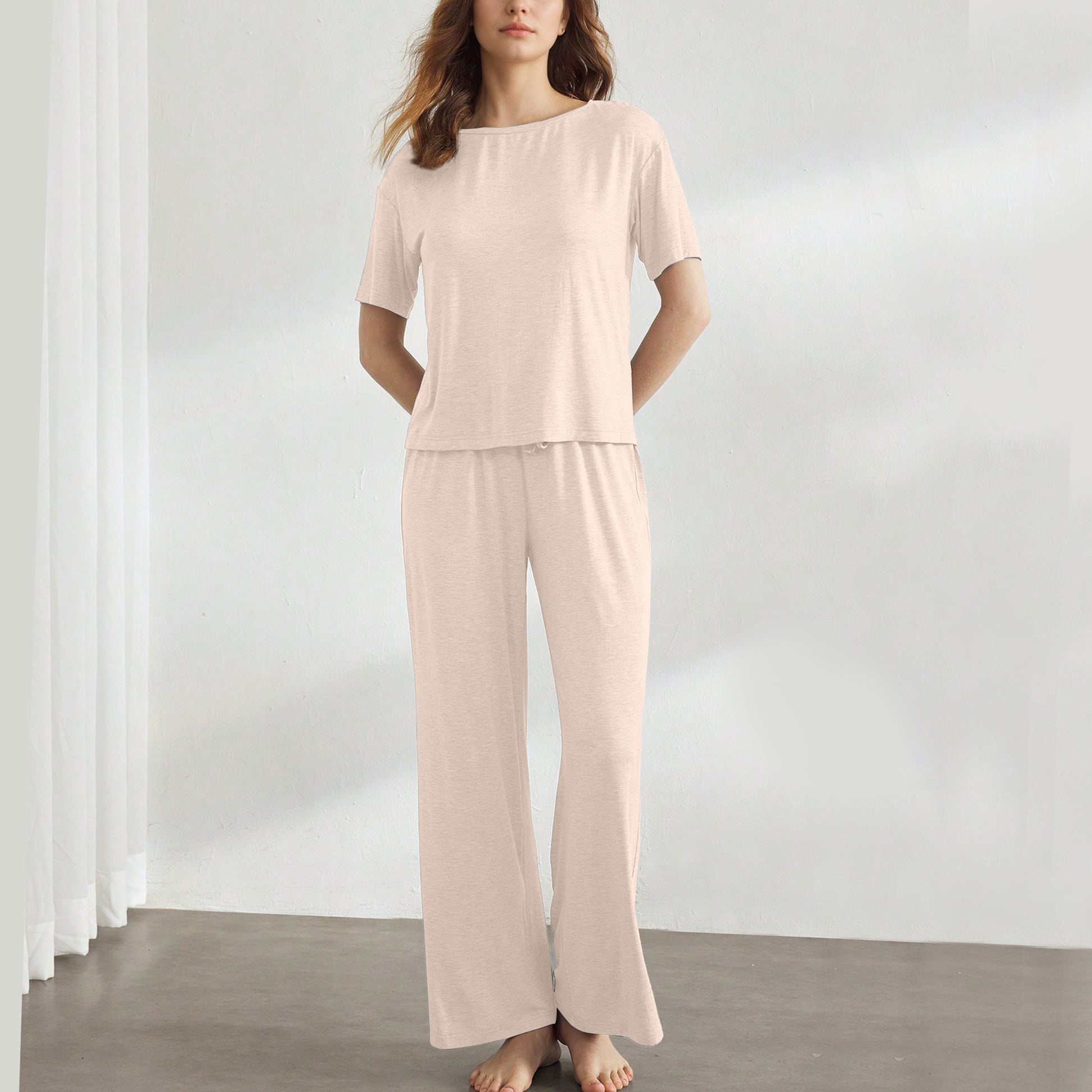 Slouchy Pajamas for Women Set Short Sleeve Tops Wide Leg Pants Comfy Two Piece Sets Loungewear Sleepwear