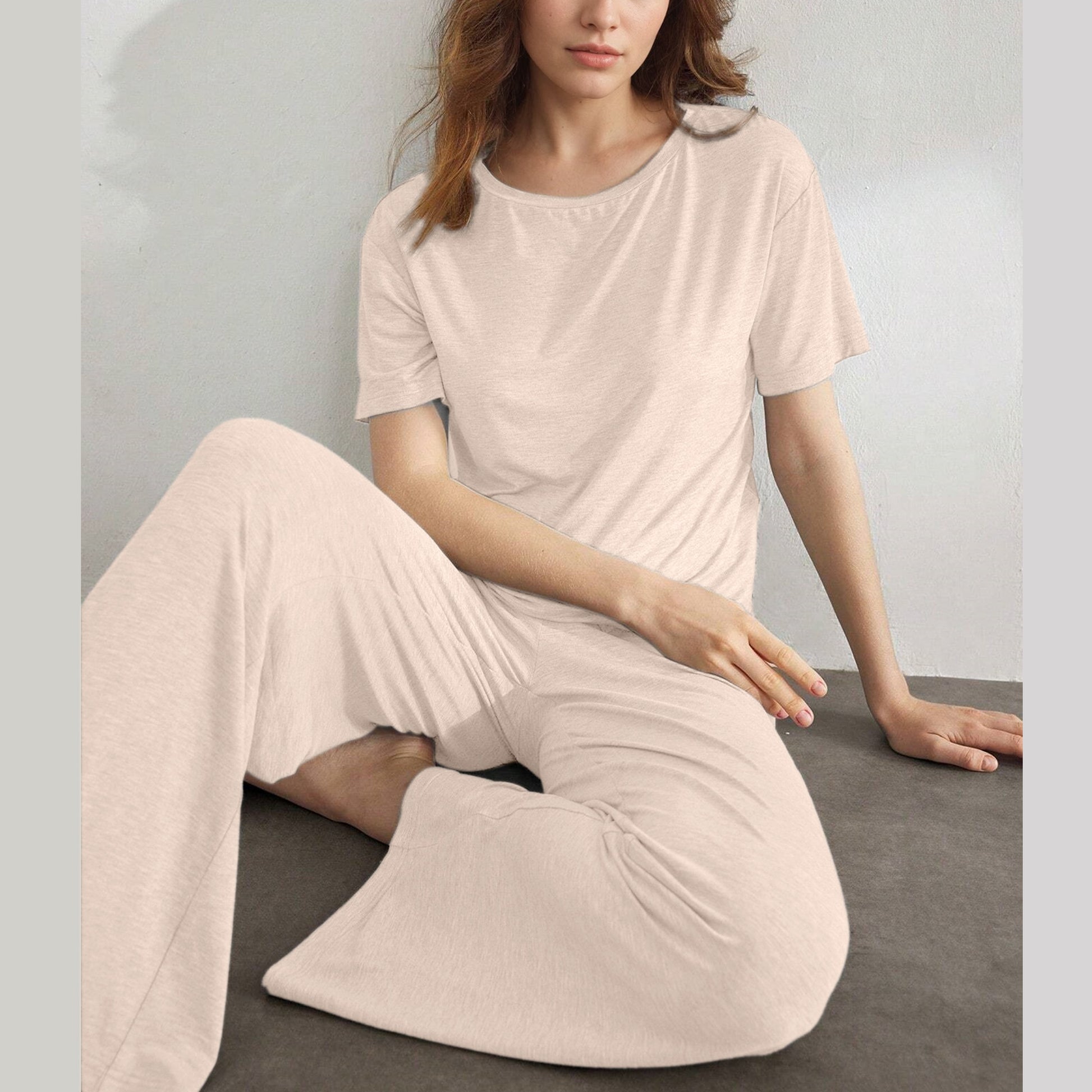 Slouchy Pajamas for Women Set Short Sleeve Tops Wide Leg Pants Comfy Two Piece Sets Loungewear Sleepwear