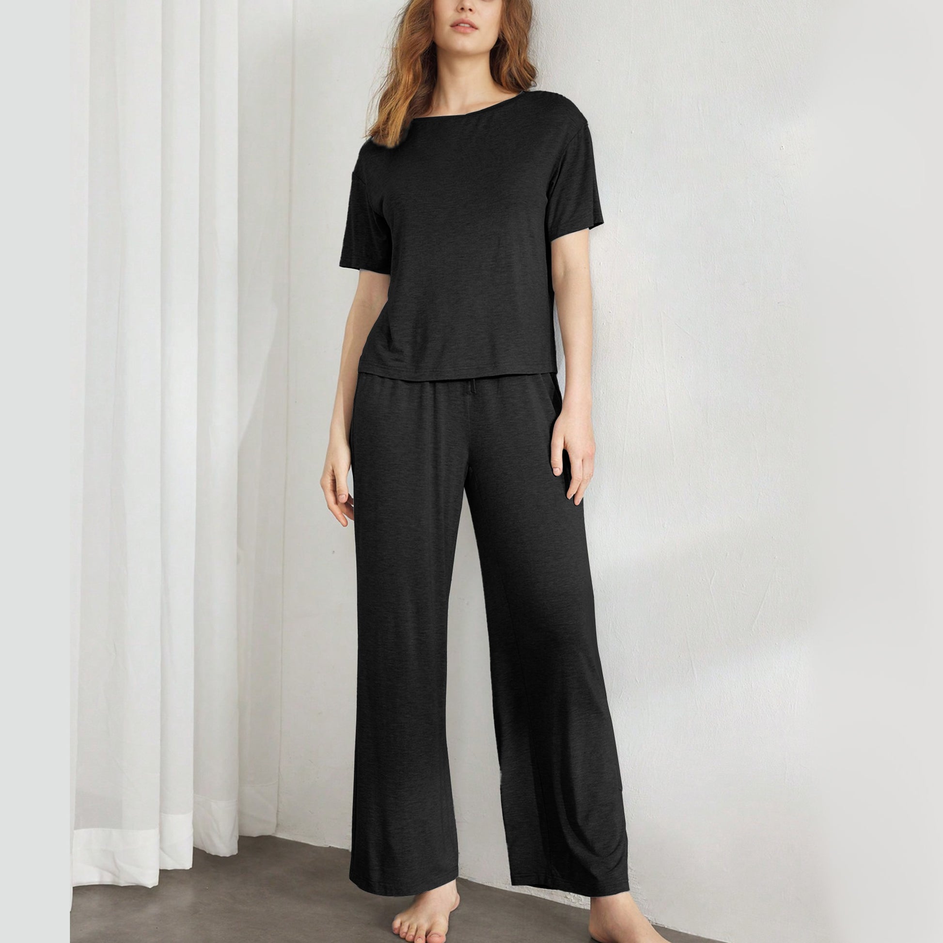 Slouchy Pajamas for Women Set Short Sleeve Tops Wide Leg Pants Comfy Two Piece Sets Loungewear Sleepwear