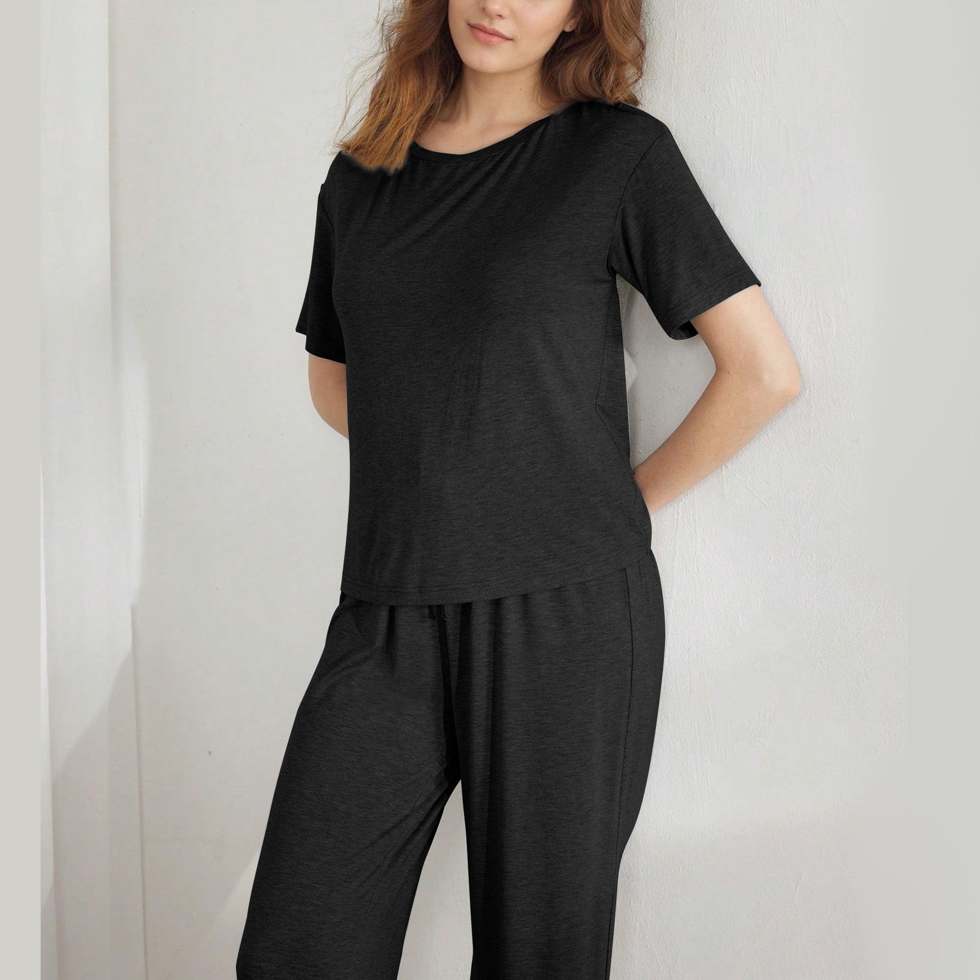Slouchy Pajamas for Women Set Short Sleeve Tops Wide Leg Pants Comfy Two Piece Sets Loungewear Sleepwear