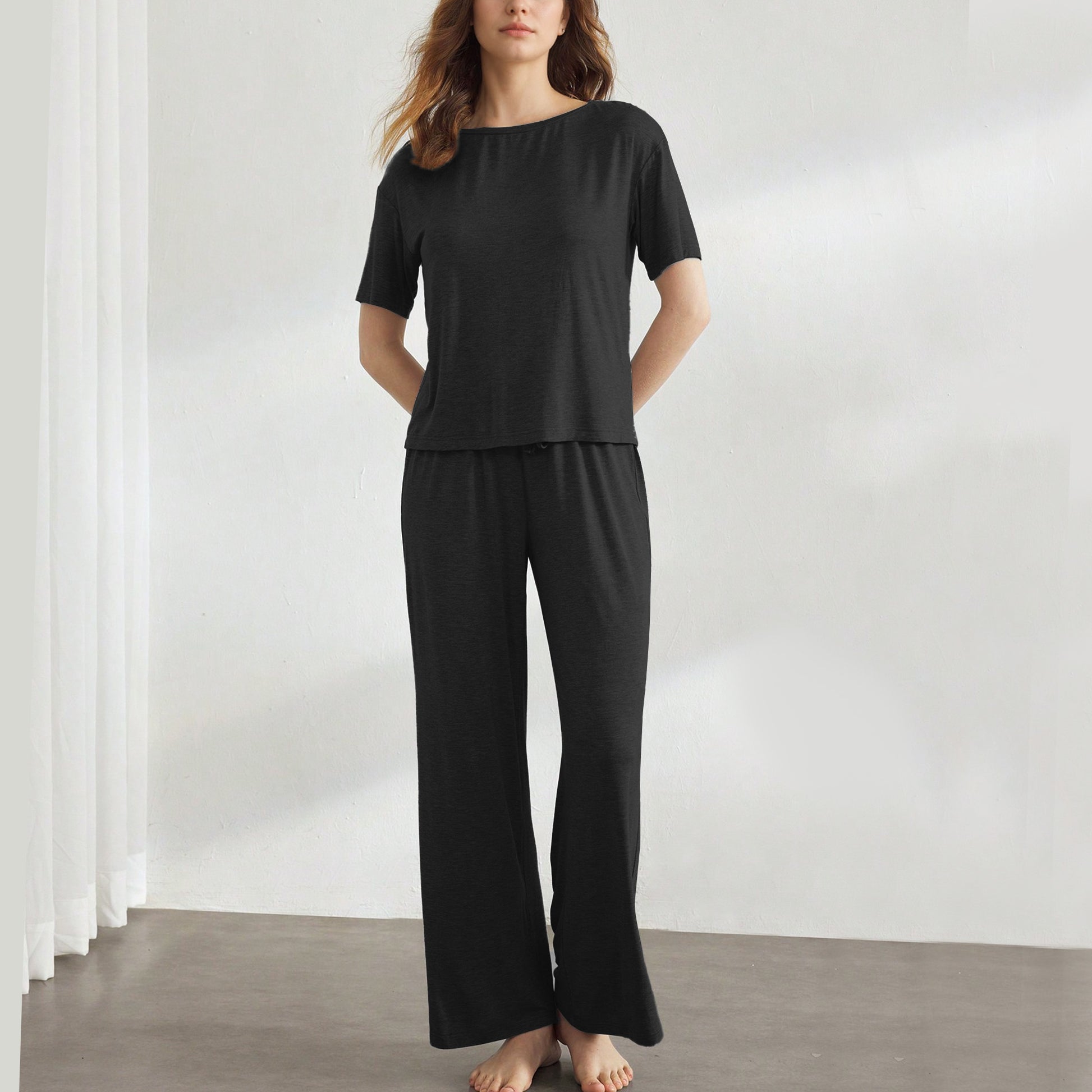 Slouchy Pajamas for Women Set Short Sleeve Tops Wide Leg Pants Comfy Two Piece Sets Loungewear Sleepwear