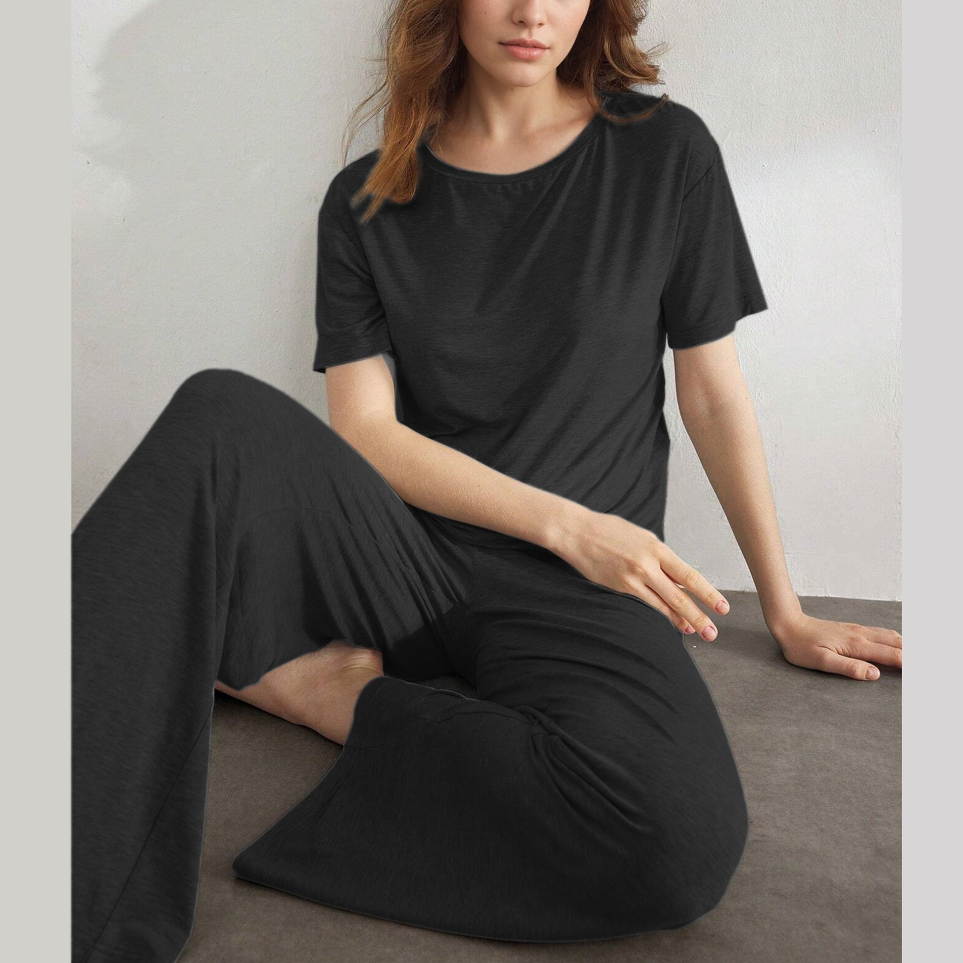Slouchy Pajamas for Women Set Short Sleeve Tops Wide Leg Pants Comfy Two Piece Sets Loungewear Sleepwear