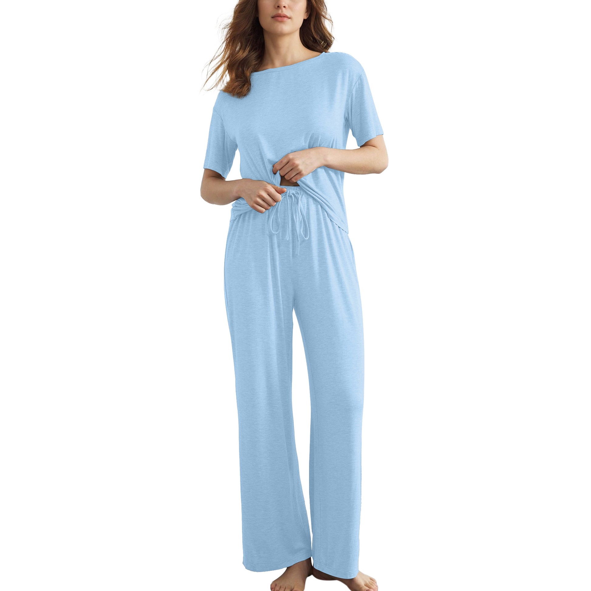 Slouchy Pajamas for Women Set Short Sleeve Tops Wide Leg Pants Comfy Two Piece Sets Loungewear Sleepwear