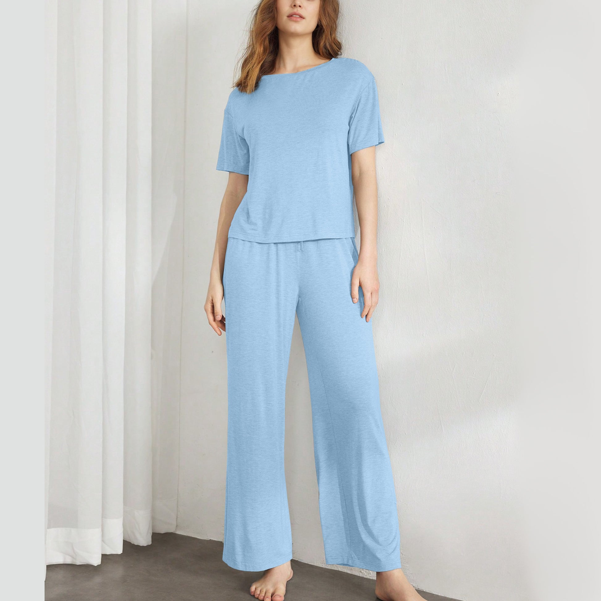 Slouchy Pajamas for Women Set Short Sleeve Tops Wide Leg Pants Comfy Two Piece Sets Loungewear Sleepwear