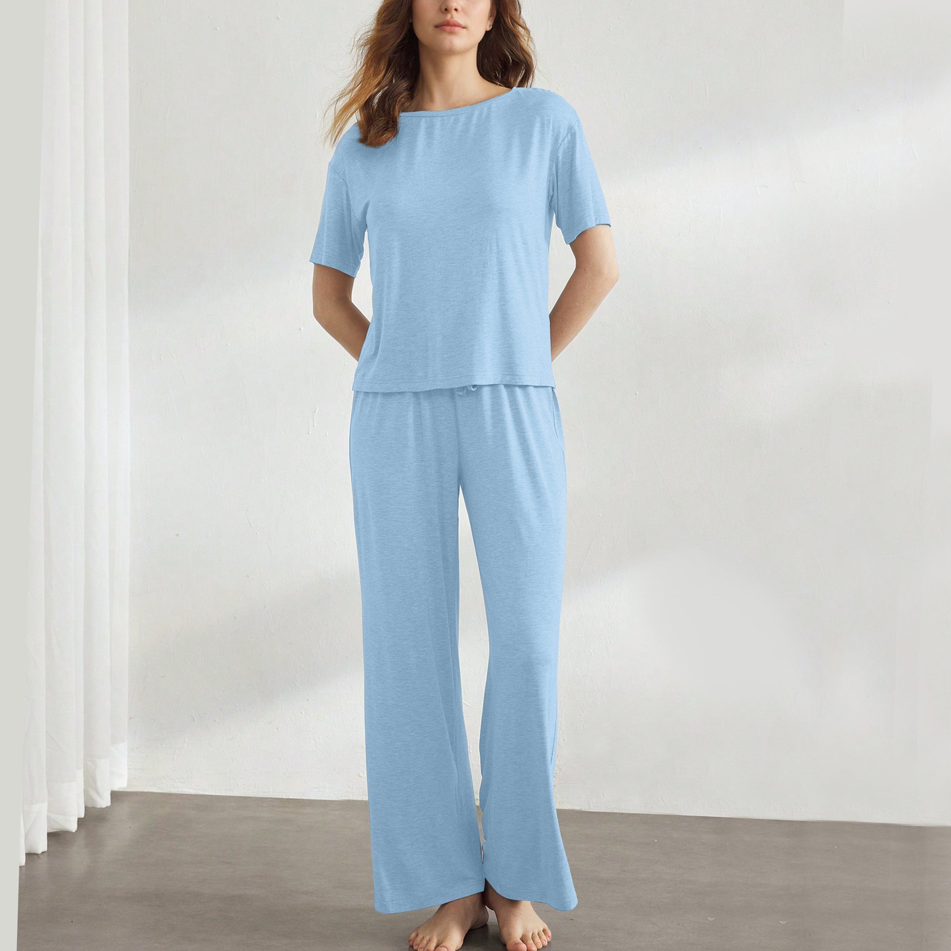 Slouchy Pajamas for Women Set Short Sleeve Tops Wide Leg Pants Comfy Two Piece Sets Loungewear Sleepwear