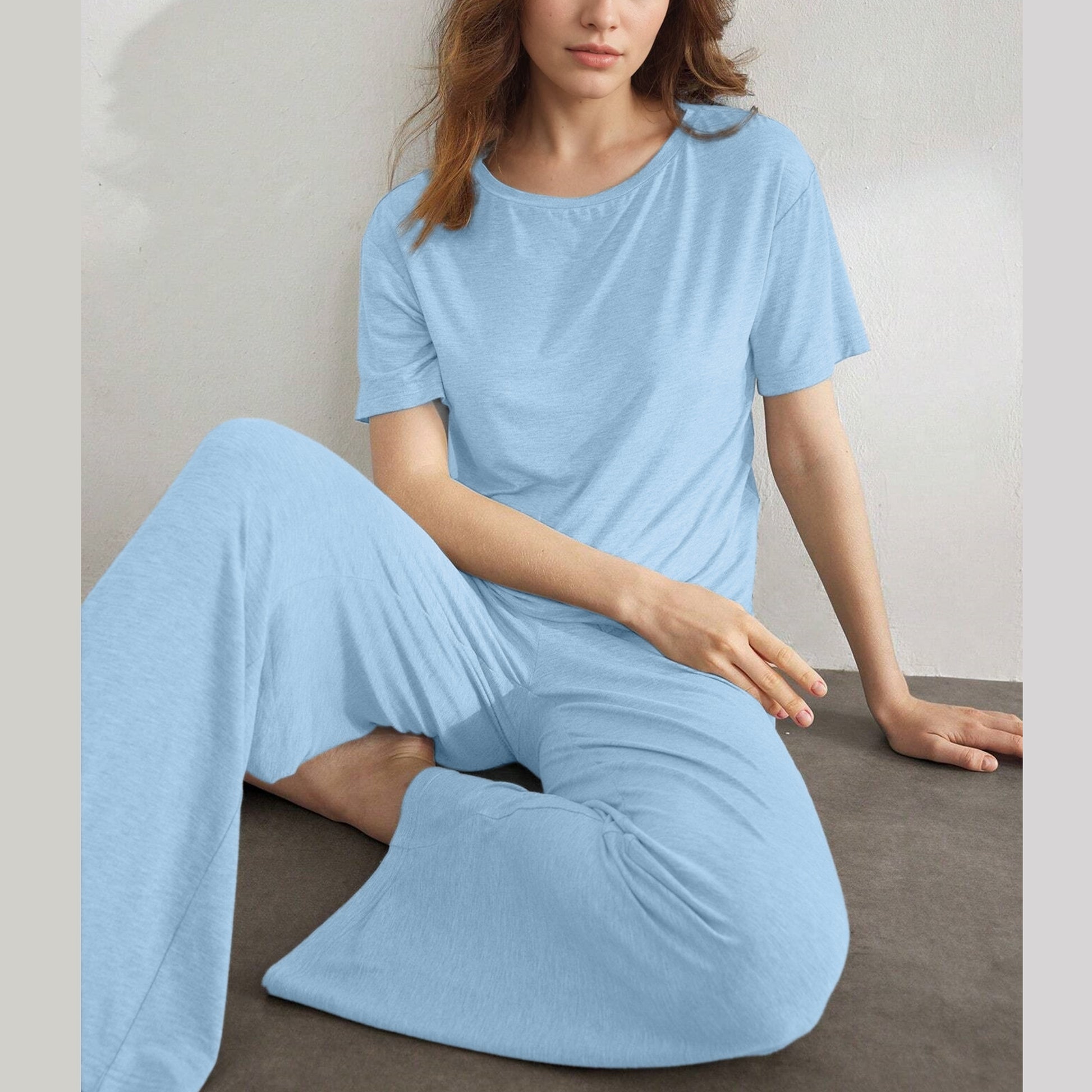 Slouchy Pajamas for Women Set Short Sleeve Tops Wide Leg Pants Comfy Two Piece Sets Loungewear Sleepwear