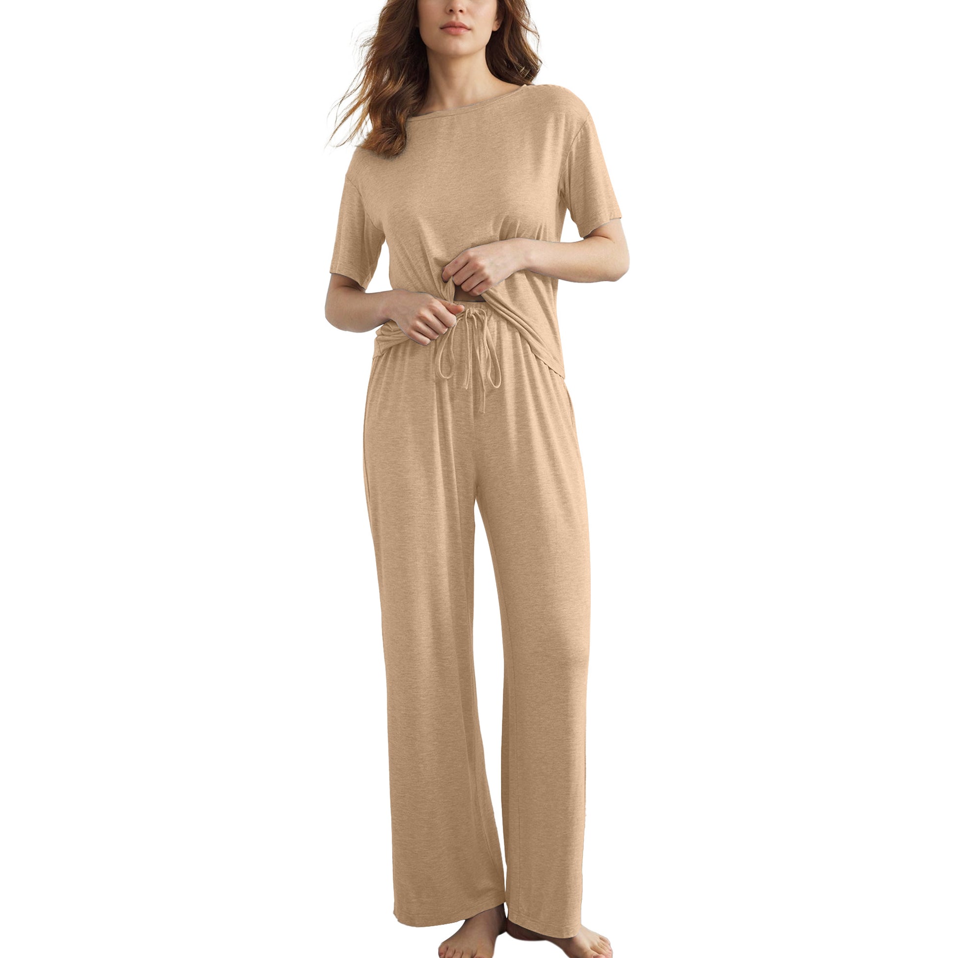 Slouchy Pajamas for Women Set Short Sleeve Tops Wide Leg Pants Comfy Two Piece Sets Loungewear Sleepwear