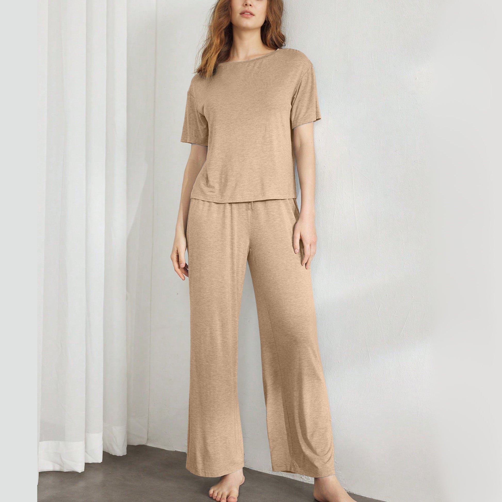 Slouchy Pajamas for Women Set Short Sleeve Tops Wide Leg Pants Comfy Two Piece Sets Loungewear Sleepwear