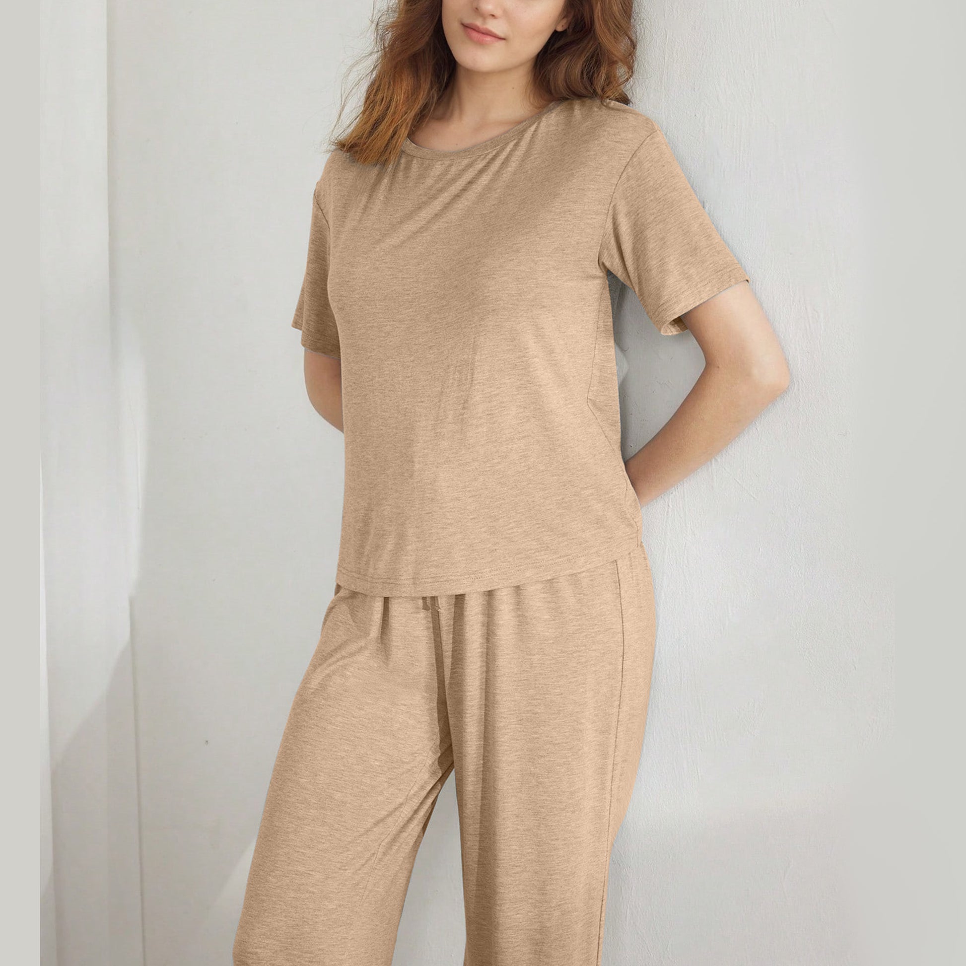 Slouchy Pajamas for Women Set Short Sleeve Tops Wide Leg Pants Comfy Two Piece Sets Loungewear Sleepwear