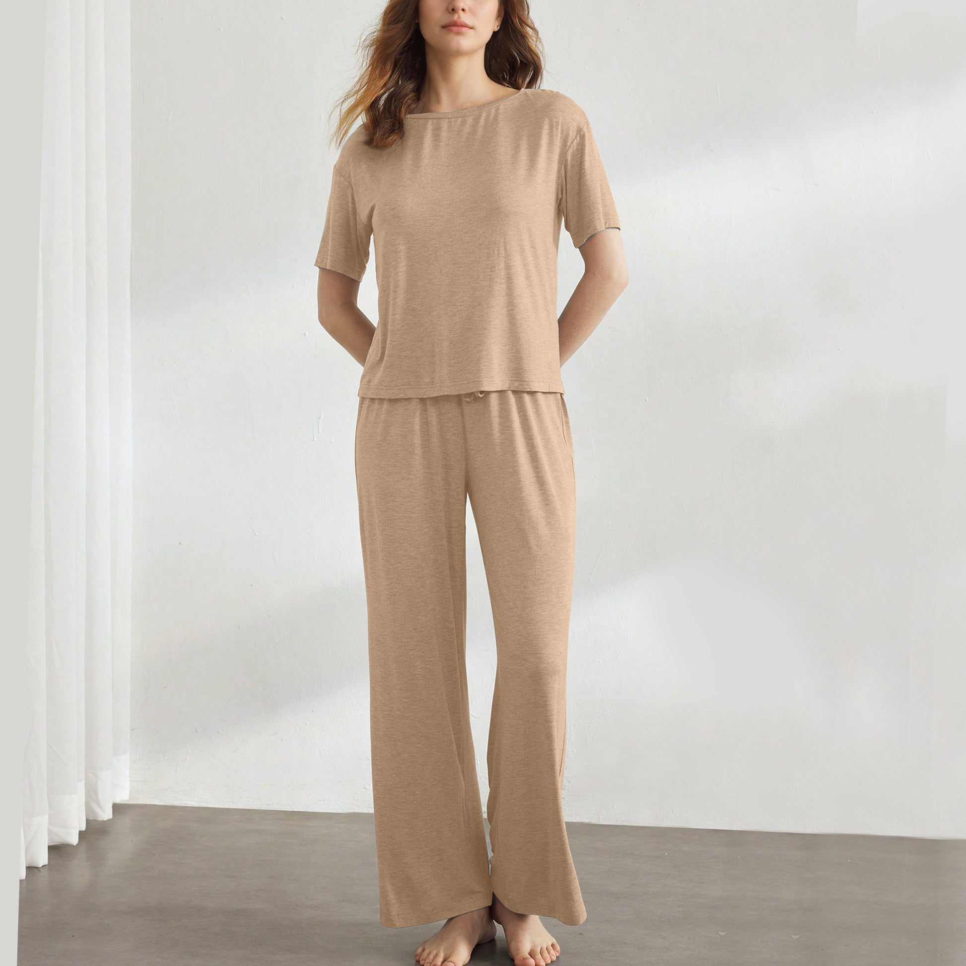 Slouchy Pajamas for Women Set Short Sleeve Tops Wide Leg Pants Comfy Two Piece Sets Loungewear Sleepwear