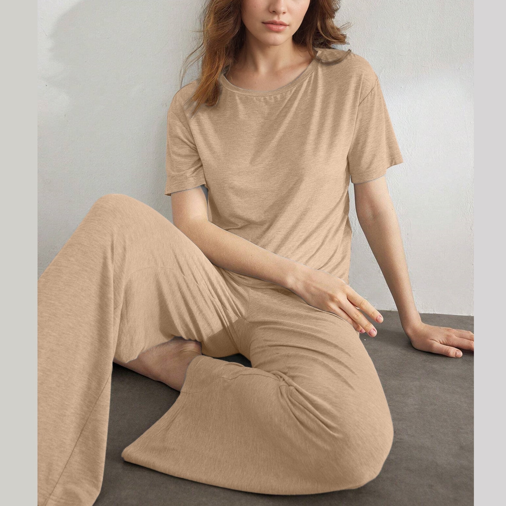 Slouchy Pajamas for Women Set Short Sleeve Tops Wide Leg Pants Comfy Two Piece Sets Loungewear Sleepwear
