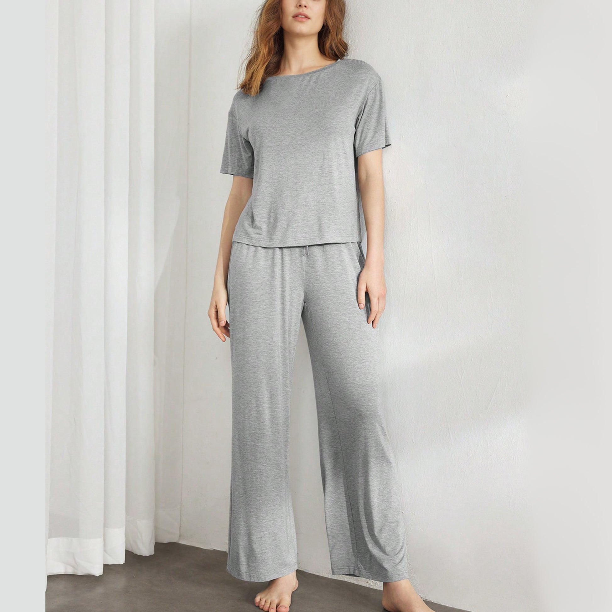 Slouchy Pajamas for Women Set Short Sleeve Tops Wide Leg Pants Comfy Two Piece Sets Loungewear Sleepwear