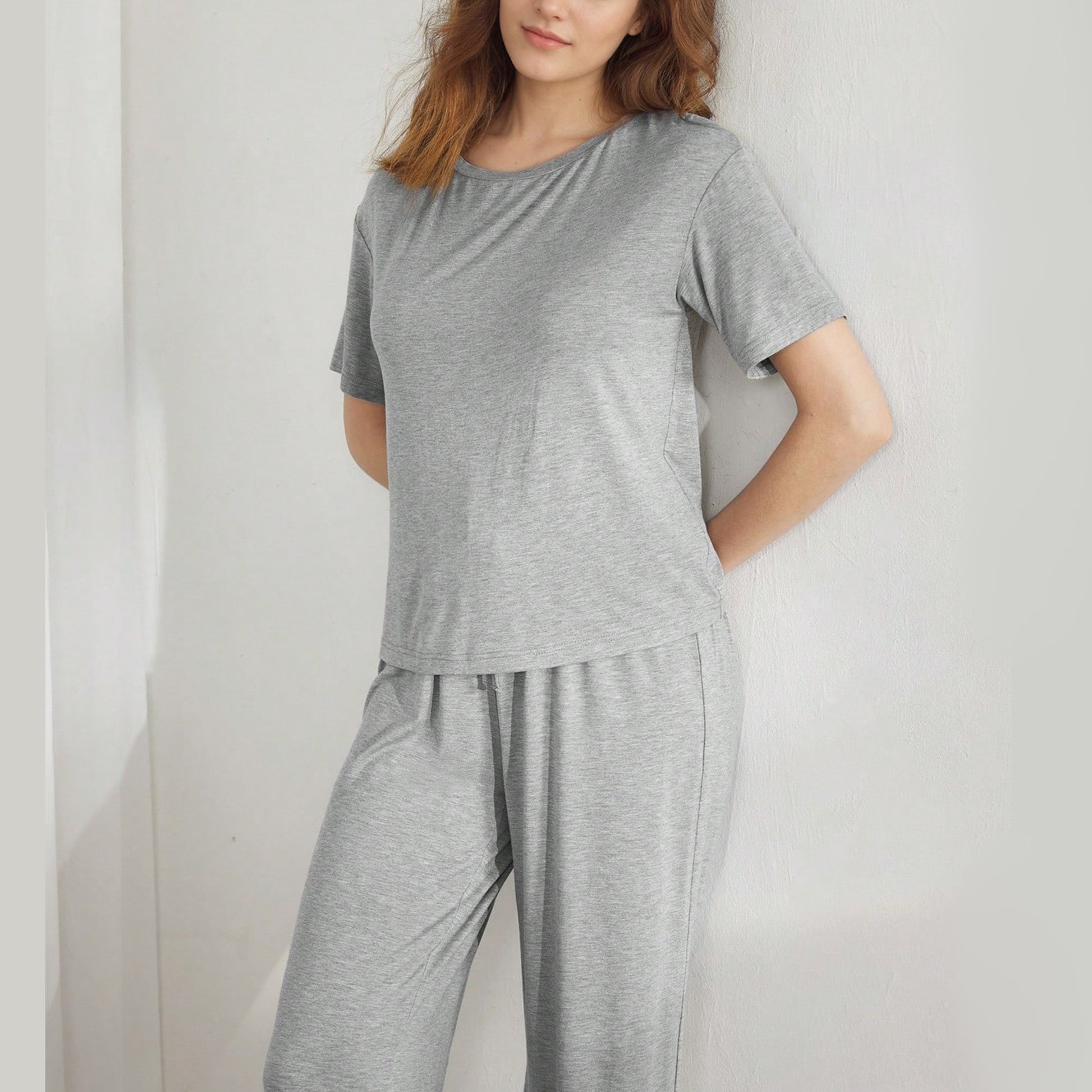 Slouchy Pajamas for Women Set Short Sleeve Tops Wide Leg Pants Comfy Two Piece Sets Loungewear Sleepwear