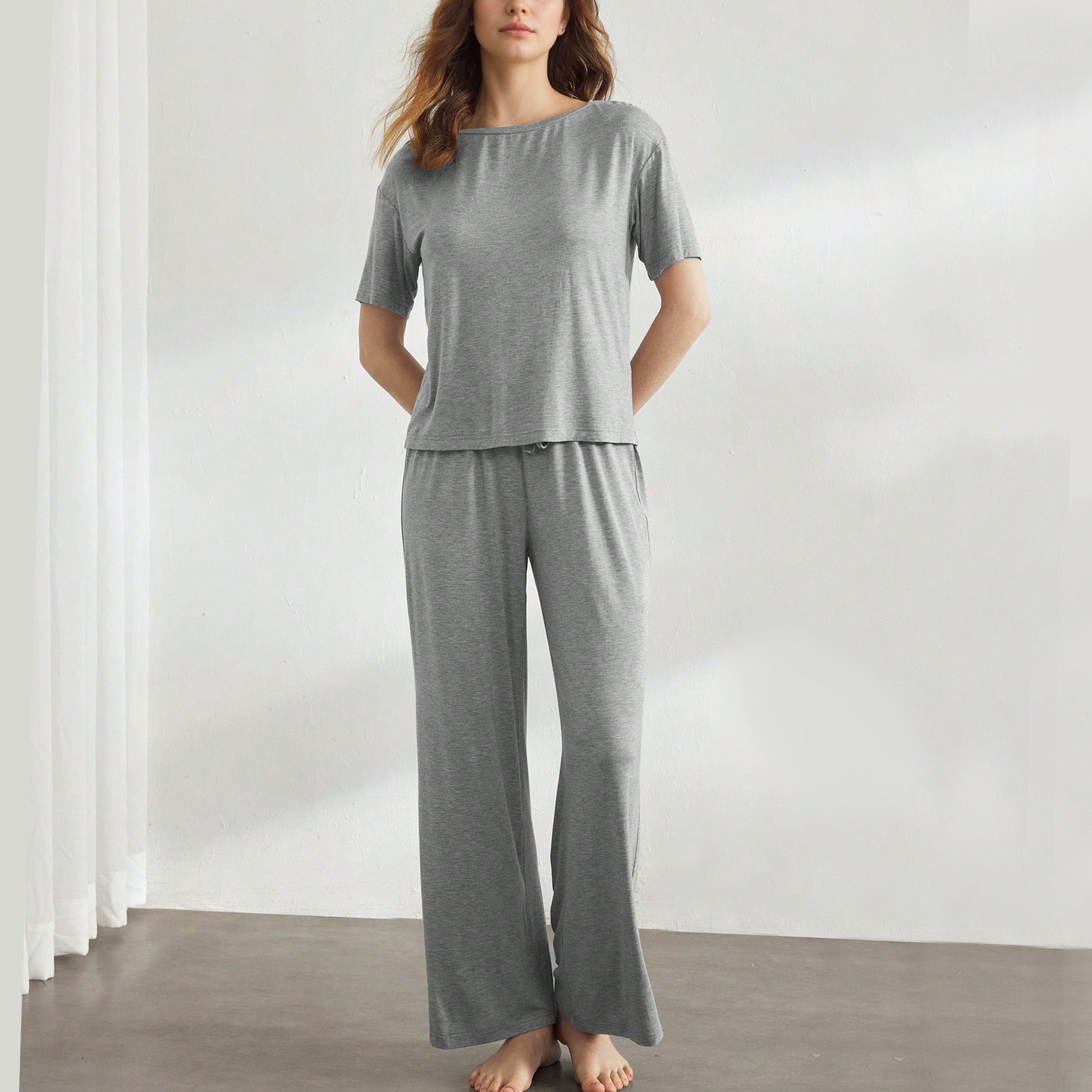 Slouchy Pajamas for Women Set Short Sleeve Tops Wide Leg Pants Comfy Two Piece Sets Loungewear Sleepwear