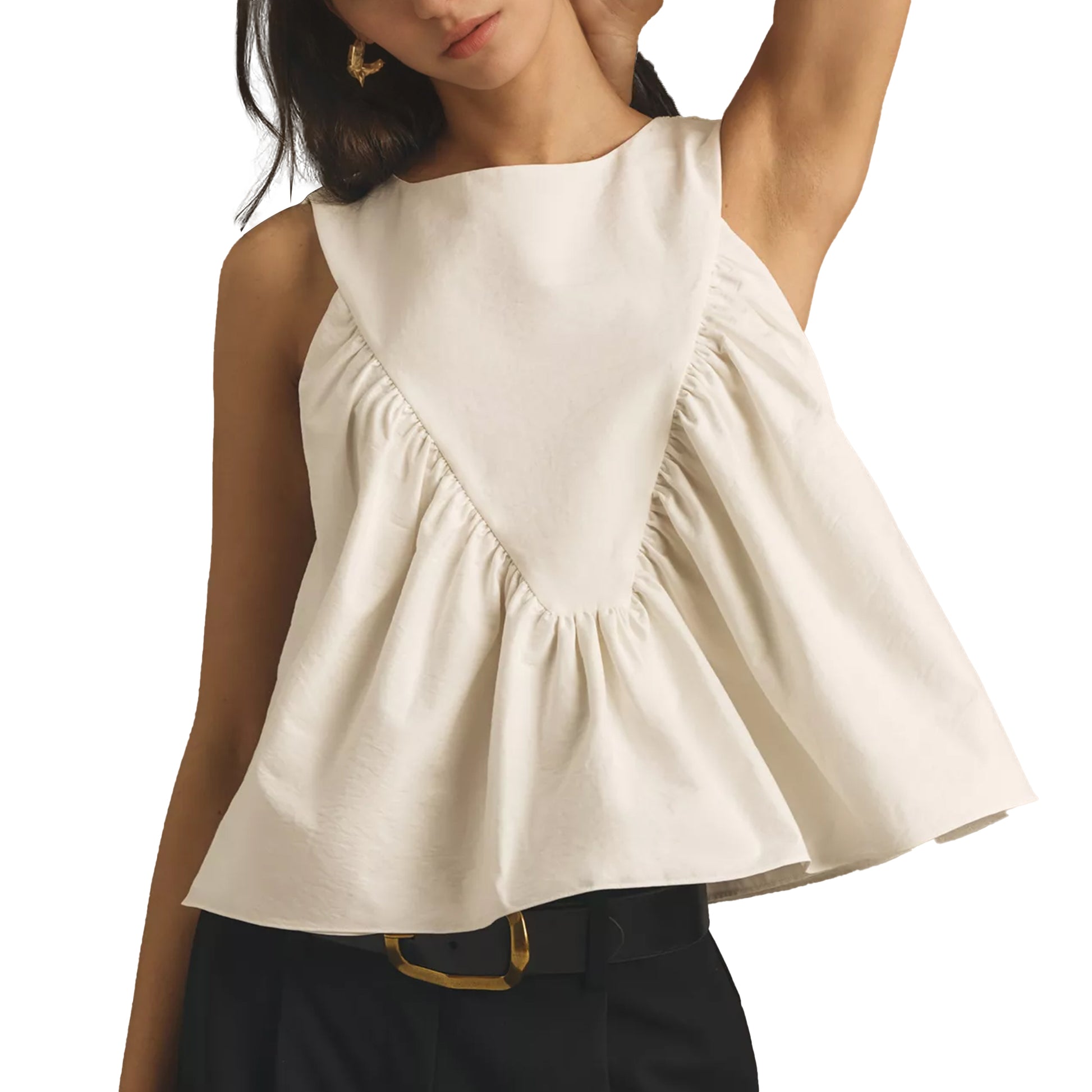 Shirred Swing Tank Tops for Women Fashion Flowy Sleeveless Shirts Casual Crew Neck Blouse Loose Fit Ruffled Tops