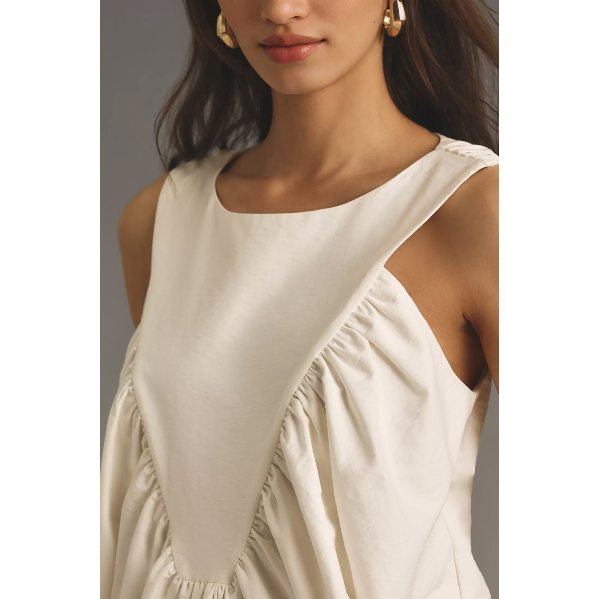 Shirred Swing Tank Tops for Women Fashion Flowy Sleeveless Shirts Casual Crew Neck Blouse Loose Fit Ruffled Tops