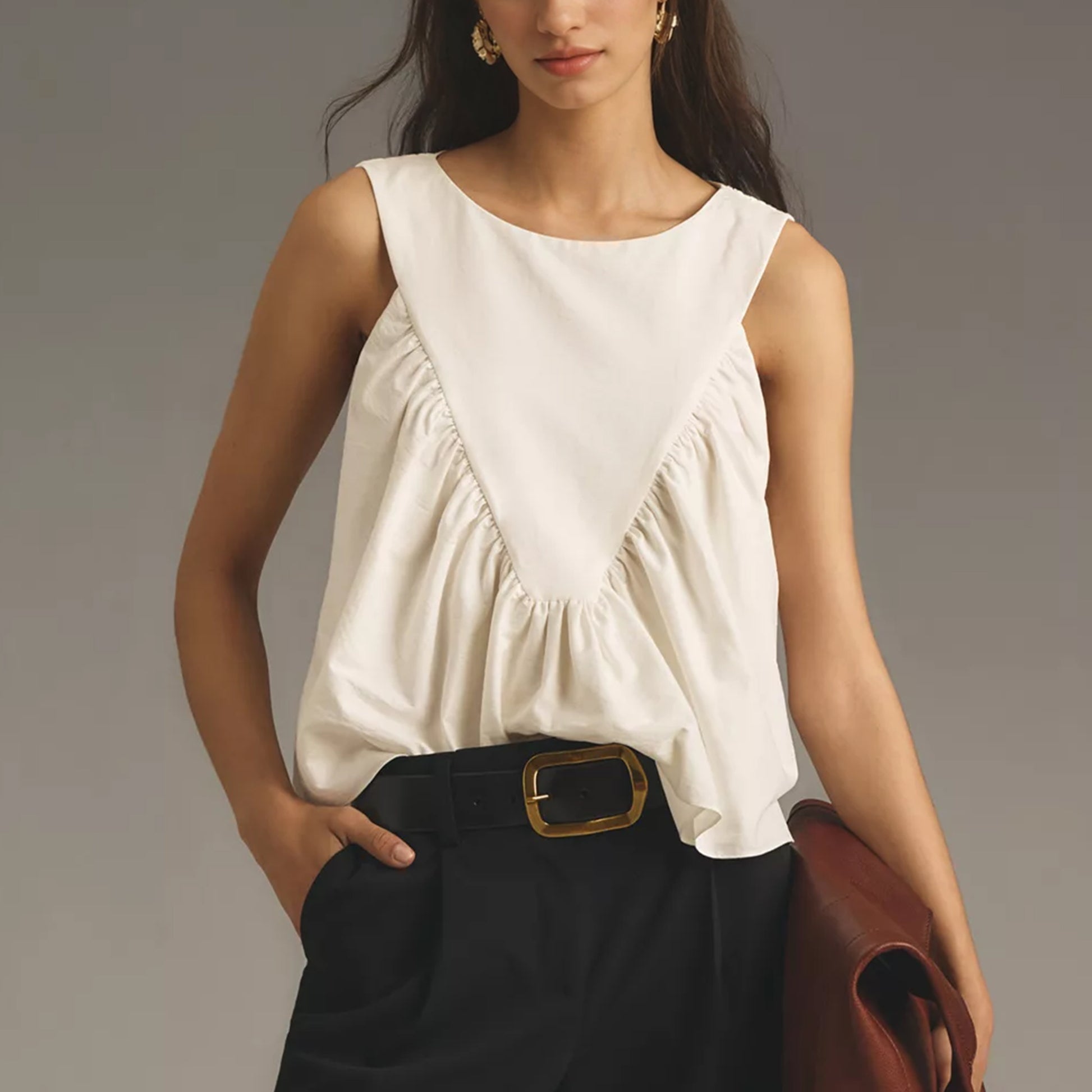 Shirred Swing Tank Tops for Women Fashion Flowy Sleeveless Shirts Casual Crew Neck Blouse Loose Fit Ruffled Tops