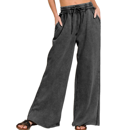 Ainangua Women Acid Wash Palazzo Sweatpants Casual High Waist Drawstring Wide Leg Pants Baggy Fleece Trousers with Pockets