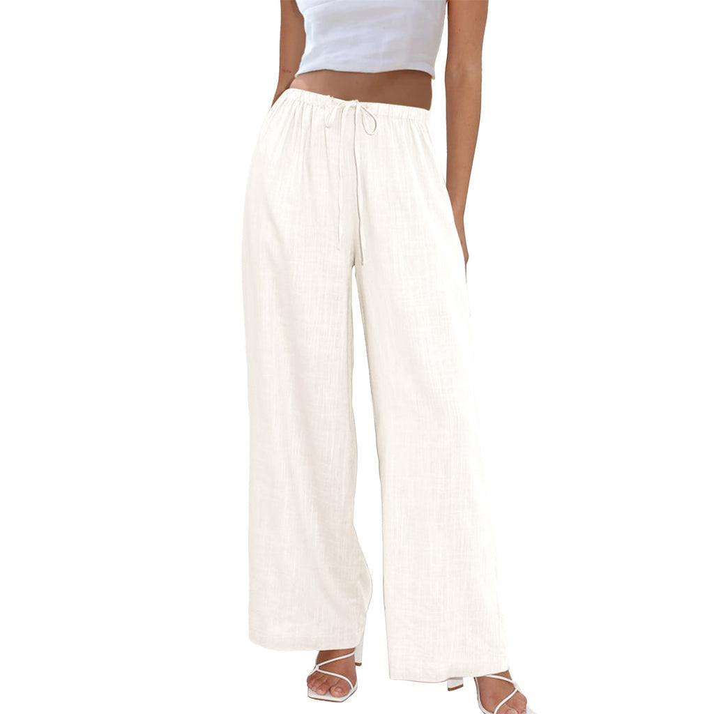 Womens Cotton Linen Palazzo Pants Drawstring Elastic Waist Casual Wide Leg Trousers with Pockets