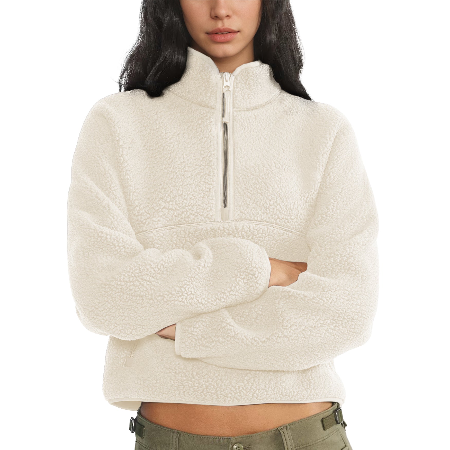 Womens Cropped Half Zip Fleece Sweatshirts Fuzzy Warm Sherpa Pullover Varsity Jackets with Zipper Pockets