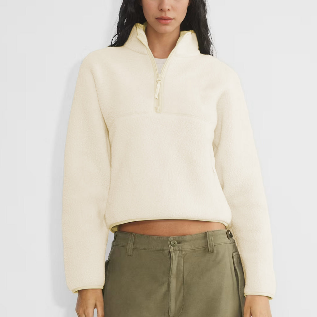 Womens Cropped Half Zip Fleece Sweatshirts Fuzzy Warm Sherpa Pullover Varsity Jackets with Zipper Pockets